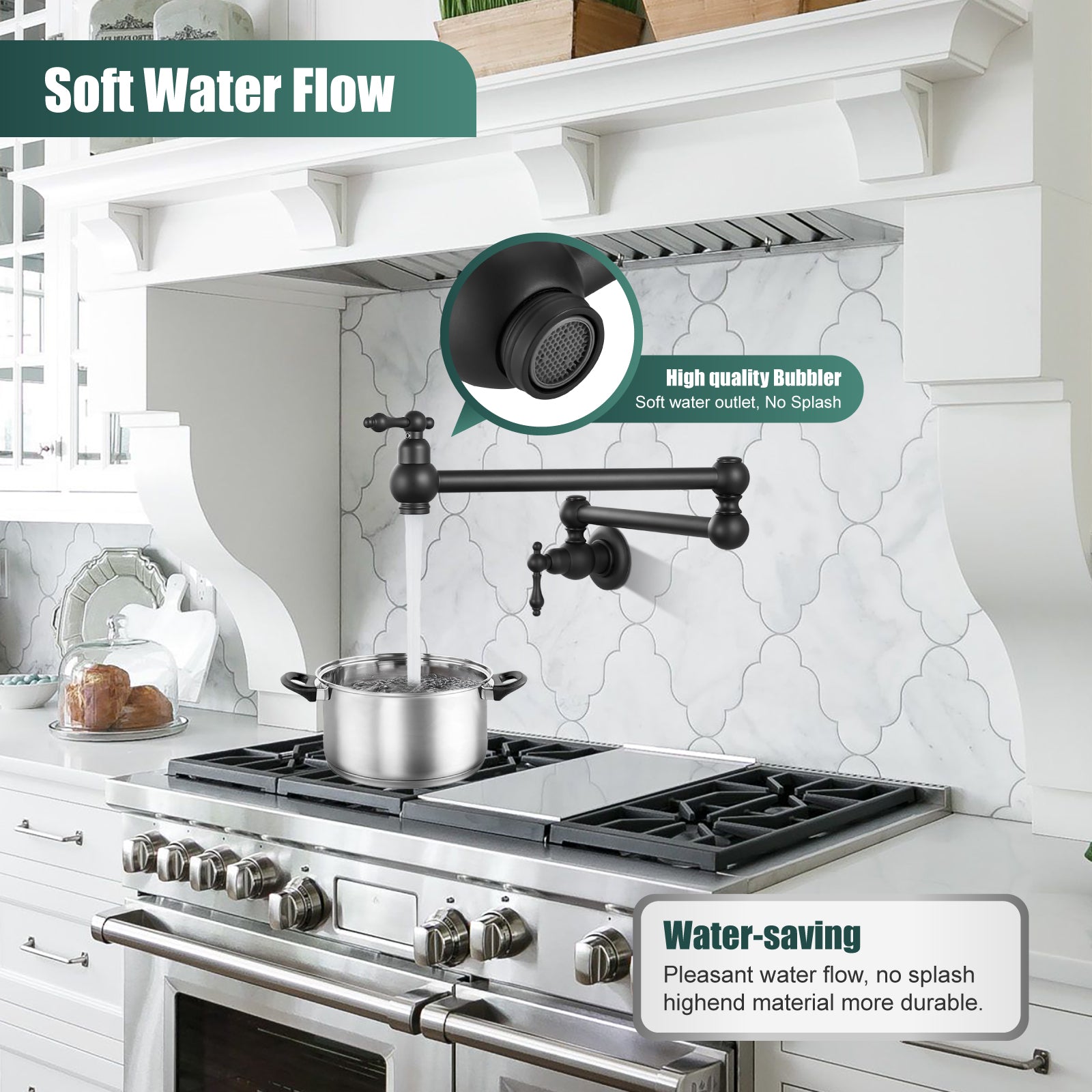 Kitchen Pot Filler Faucet Wall Mount Two Handles Single Hole Heyalan Strechable Arm Stainless Steel Double Connectors Folding Modern 360 Degrees Rotation
