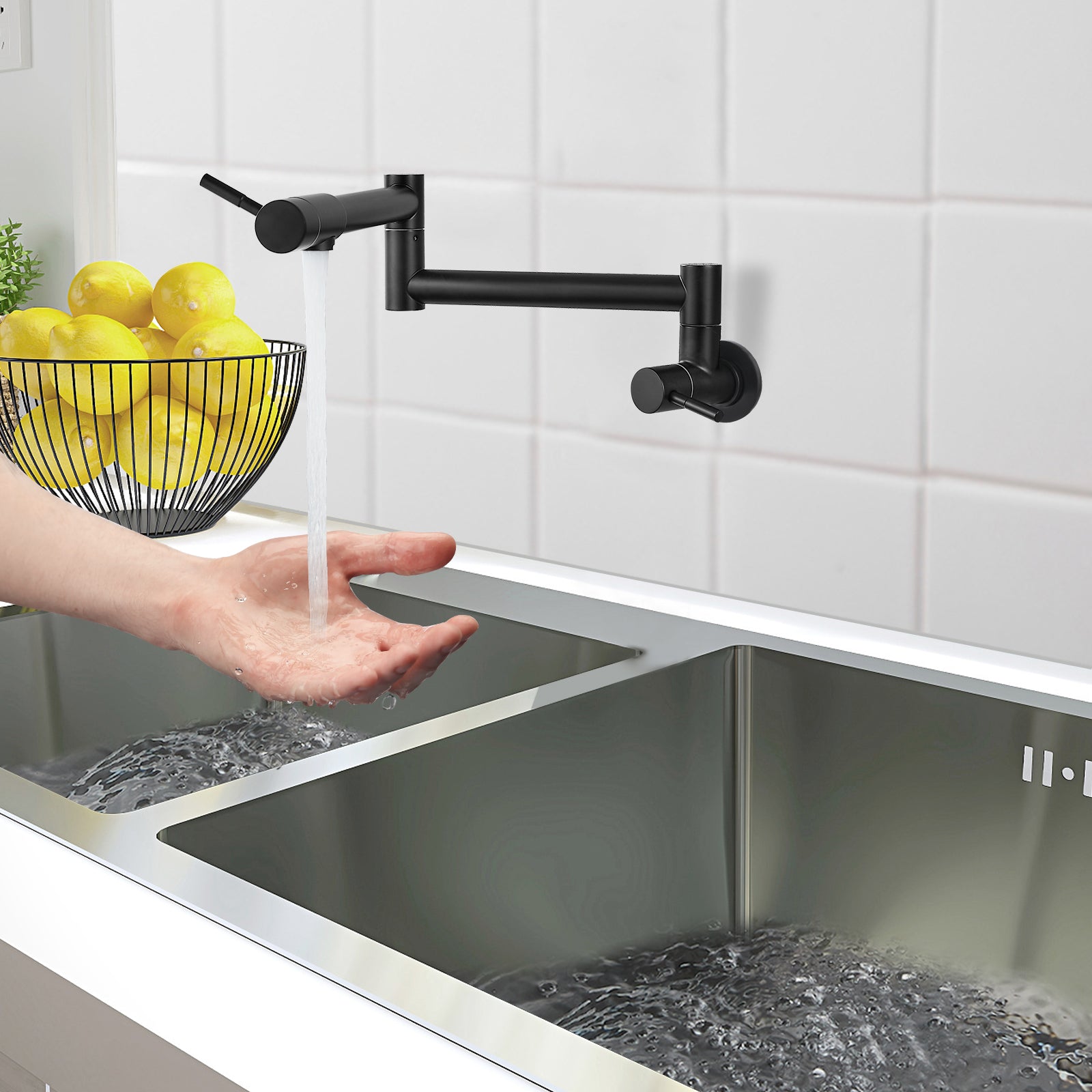 Heyalan Pot Filler Faucet Wall Mounted Folding Stretchable Kitchen Faucet 1 Hole with Double Joint Swing Arms 2 Handles NPT Stainless Steel Separated Thread
