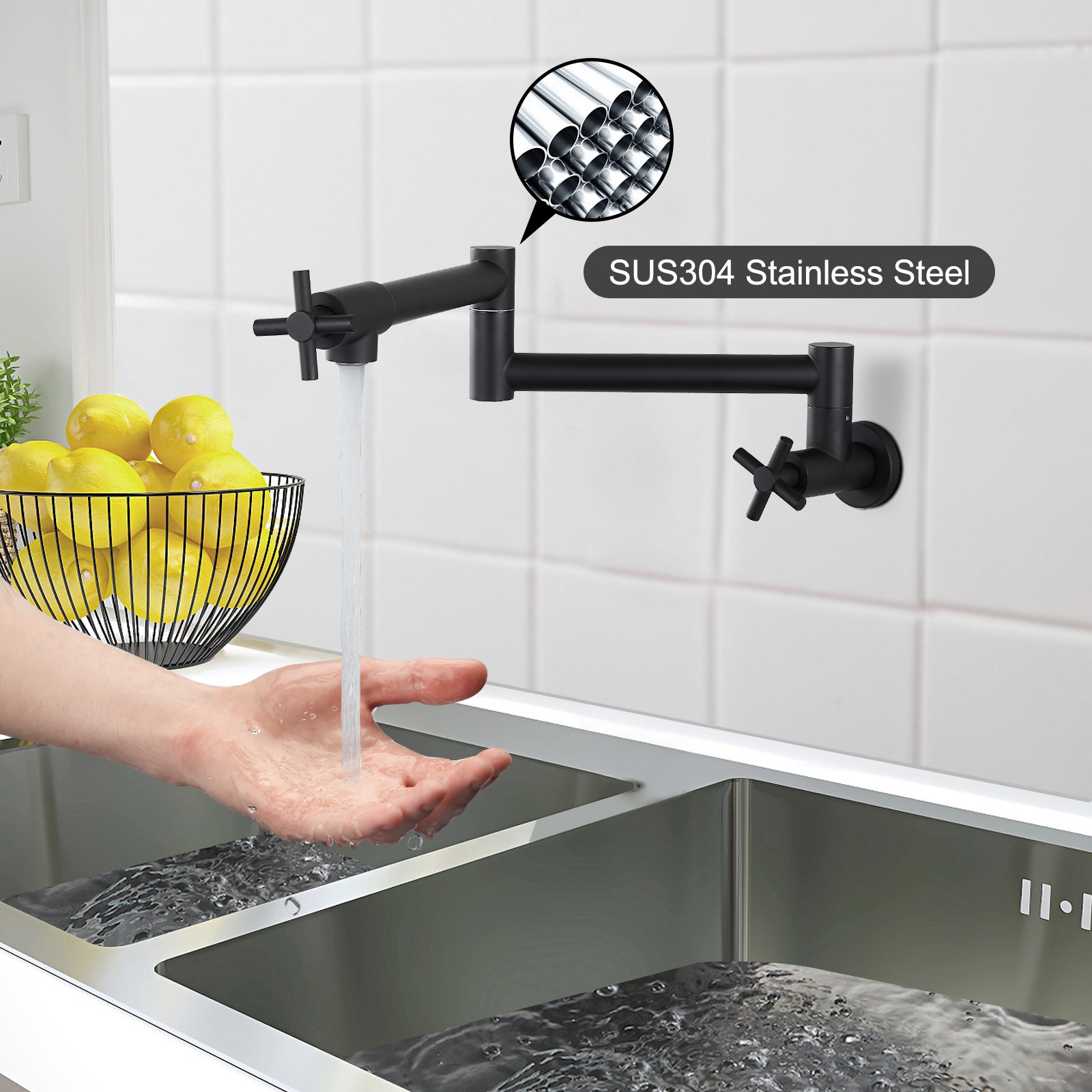 Heyalan Pot Filler Kitchen Faucet Stainless Steel SUS304 Two Cross Handle 19 Inch Single Hole Spout Wall Mounted Stretchable Swing Arm Commercial Kitchen Sink Faucet to Control Water