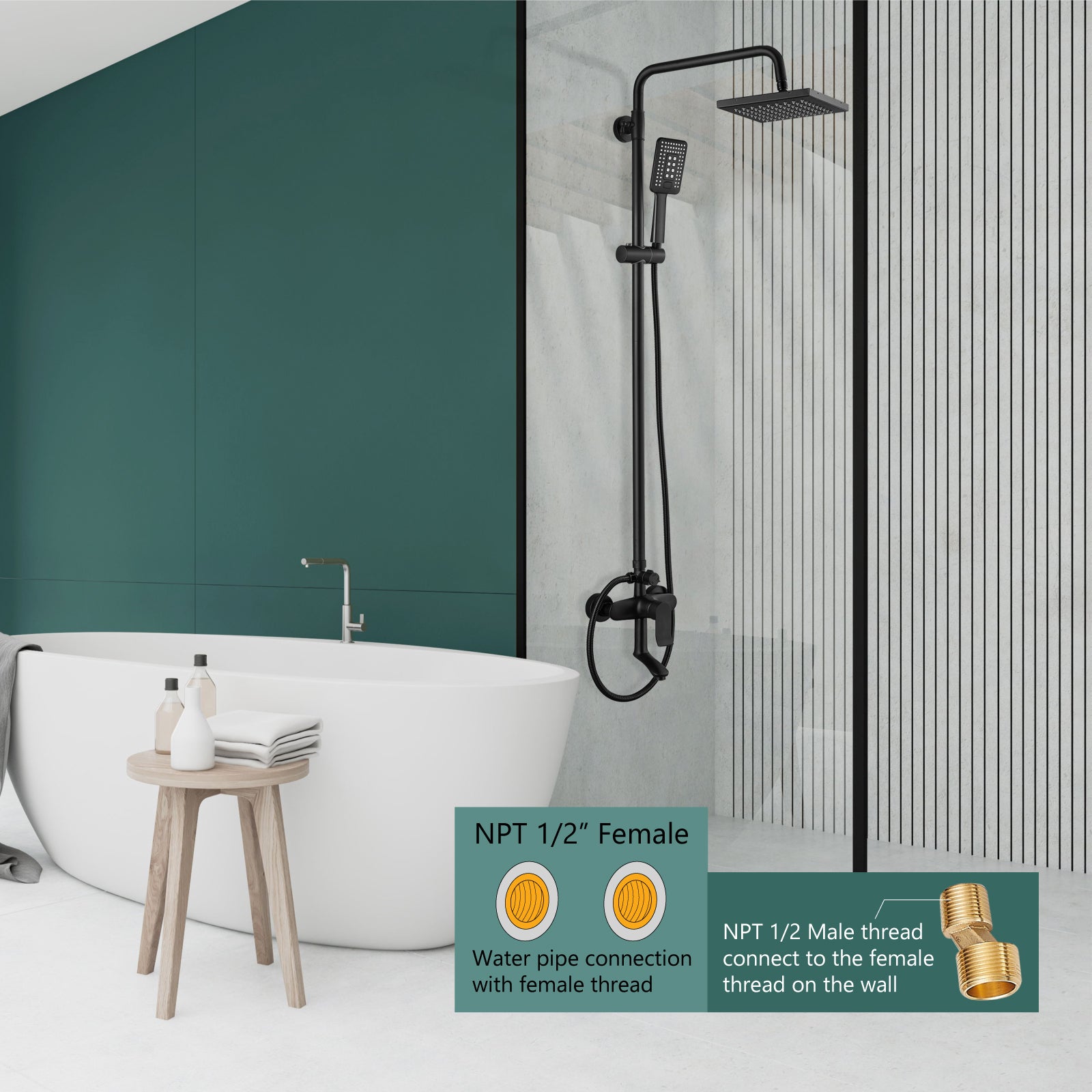 Heyalan Exposed Shower System Matte Black 3 Functional Adjustable Complete Set Tub 8 Inch Square Rainfall Shower Head with Square Hand-held