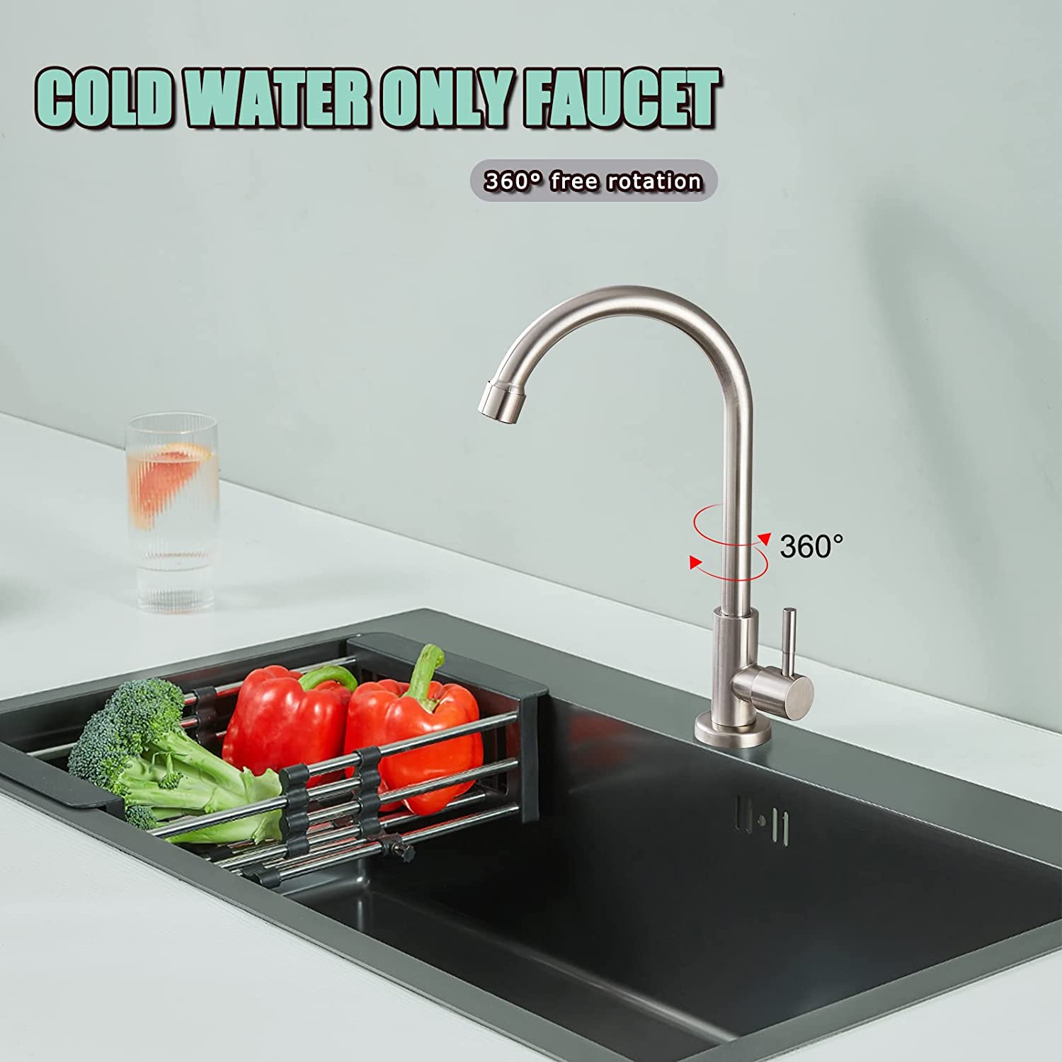 Kitchen Faucet Cold Water Only 1 Hole Single Handle 360 Degree Swivel Spout Deck Mount High Arc SUS304 Sink Bar Tap Goose Neck with Hose and Longer Thread Pipe
