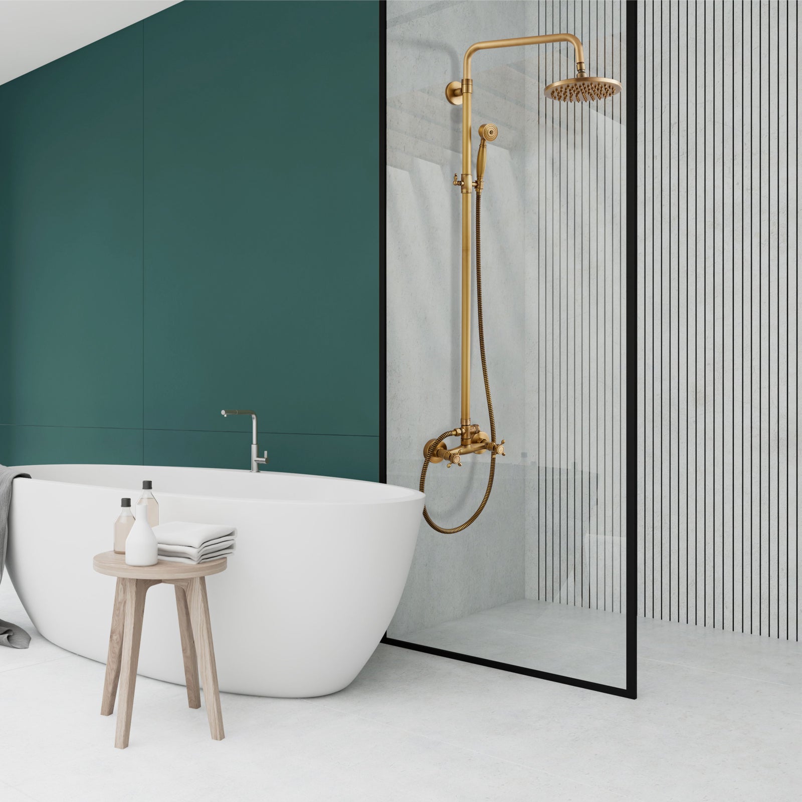 Heyalan Dual Functions Exposed Pipe Shower System Round Rainfall 8 Inch Shower Head Brass Fixture Combo Set 2 Handles with Handheld Sprayer Bathroom Shower Faucet Adjustable Shower Bar