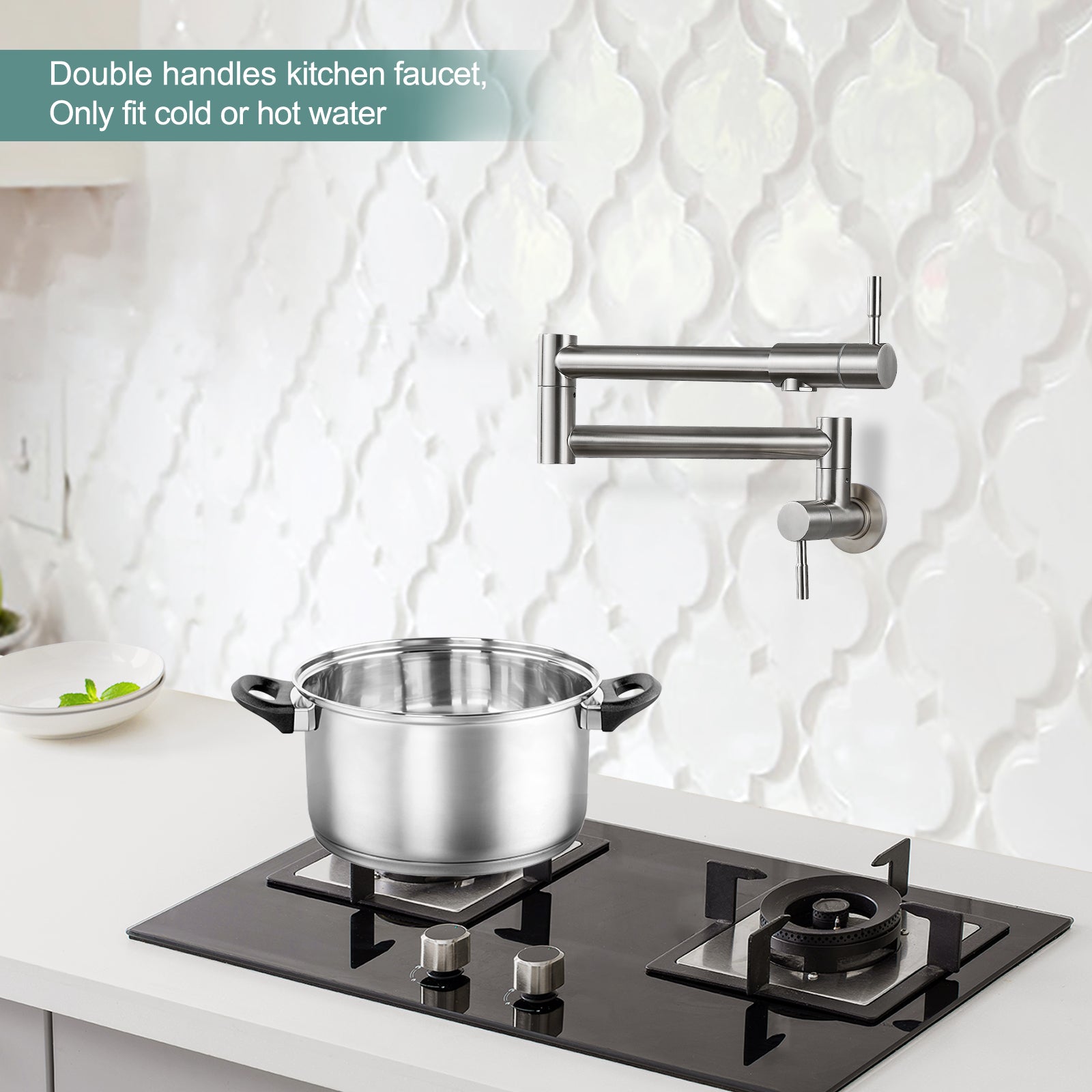 Heyalan Pot Filler Faucet Wall Mounted Folding Stretchable Kitchen Faucet 1 Hole with Double Joint Swing Arms 2 Handles NPT Stainless Steel Separated Thread