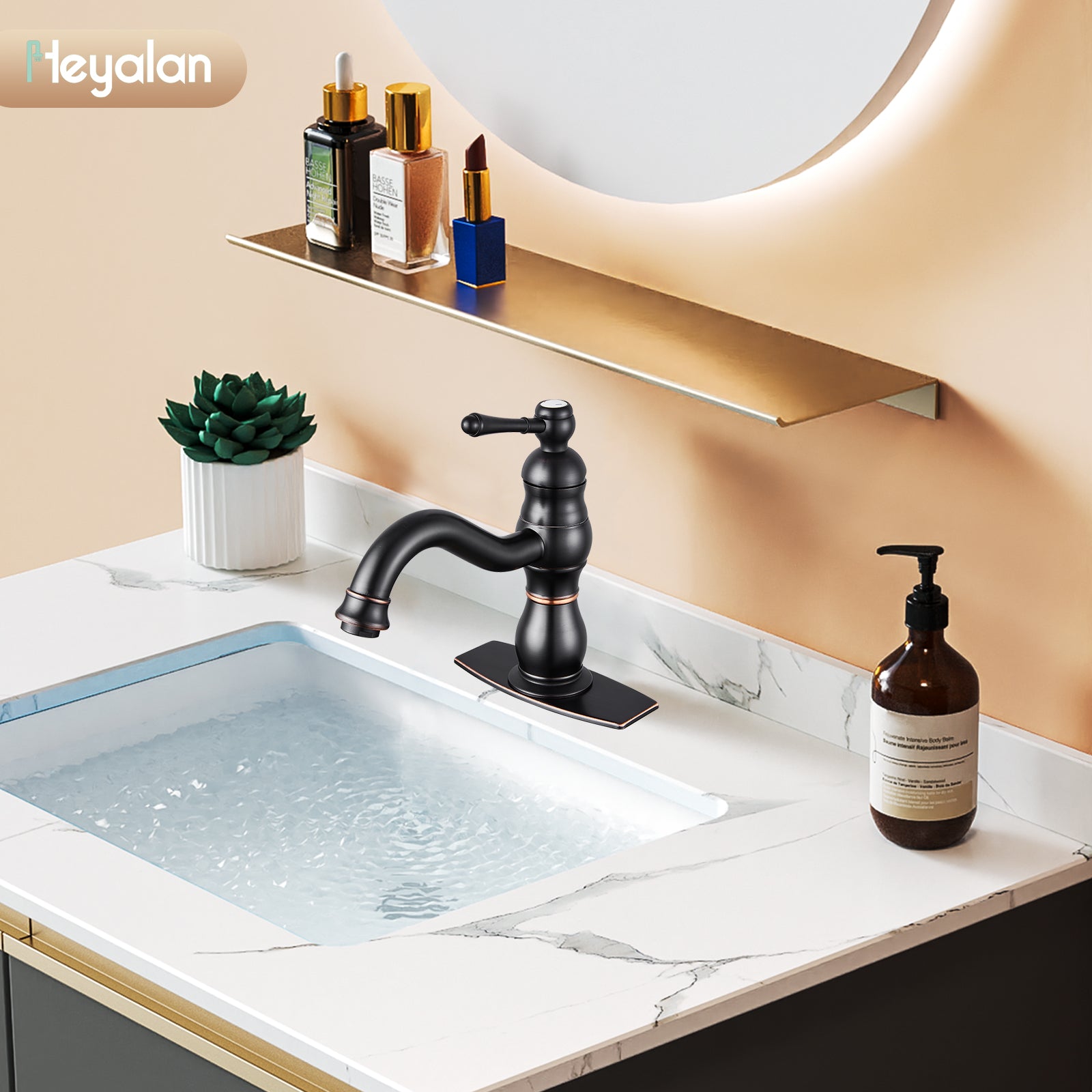 Bathroom Sink Faucet 1 Hole Single Handle Vanity Mixer Tap Deck Mount Lavatory Pop Up Drain with Overflow Included Commercial