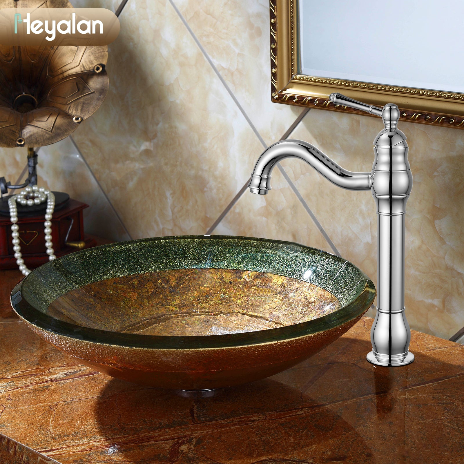 Heyalan Bathroom Vessel Sink Faucet Washingroom Single Handle One Hole High Spout Pop Up Drain Bowl Sink Brass Material 360 Degree Adjustable Lavatory Vanity Mixer Bar Tap Without Overflow