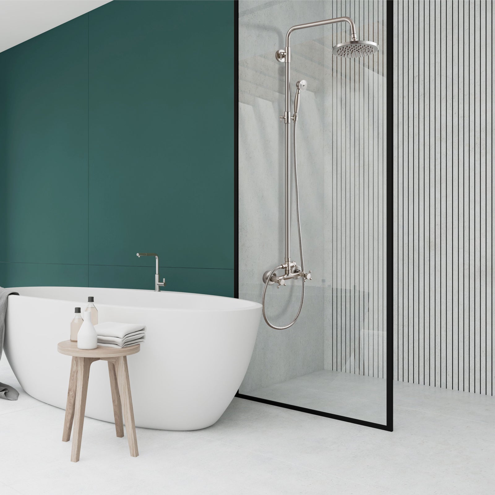 Heyalan Dual Functions Exposed Pipe Shower System Round Rainfall 8 Inch Shower Head Brass Fixture Combo Set 2 Handles with Handheld Sprayer Bathroom Shower Faucet Adjustable Shower Bar