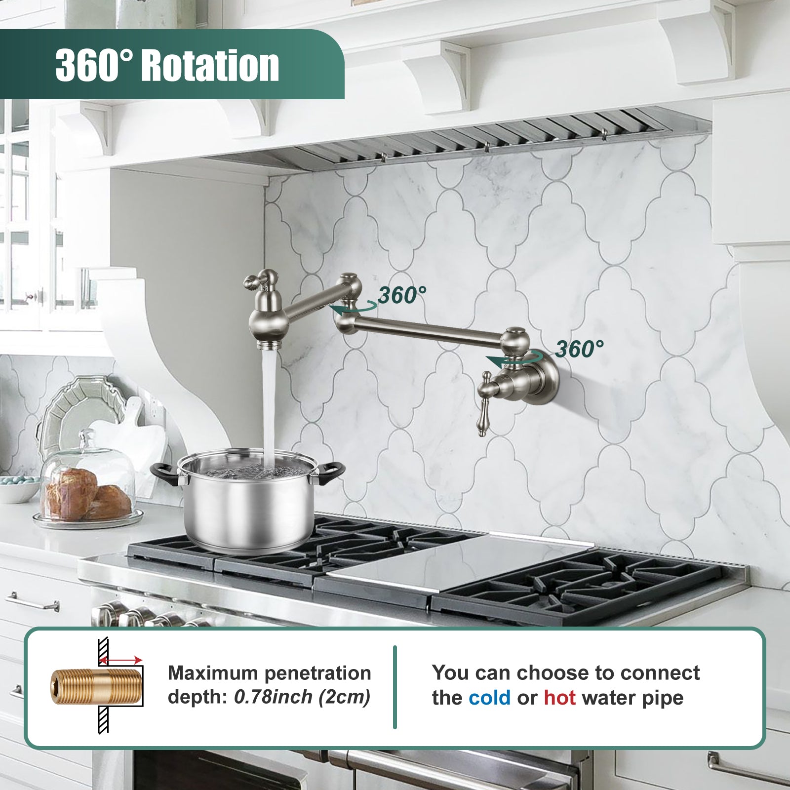 Kitchen Pot Filler Faucet Wall Mount Two Handles Single Hole Heyalan Strechable Arm Stainless Steel Double Connectors Folding Modern 360 Degrees Rotation