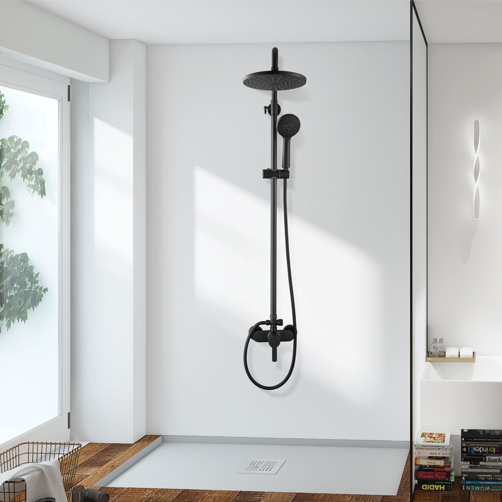 Heyalan Matte Black Exposed Shower System 8 Inch Rainfall Shower Head Fixture Combo Set Single Handle with ABS Handheld Sprayer Bathroom Shower Faucet Adjustable Shower Head Bar Dual Functions