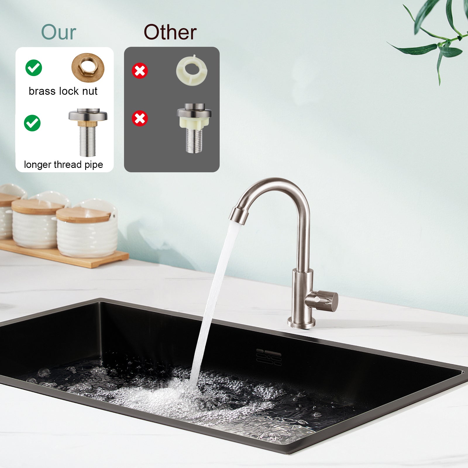 Cold Water Only Kitchen Faucet Single Handle 1 Hole Deck Mount 360 Degree Swivel Spout High Arc SUS304 Stainless Steel Sink Bar Tap Goose Neck with Hose(Drain Not Included)