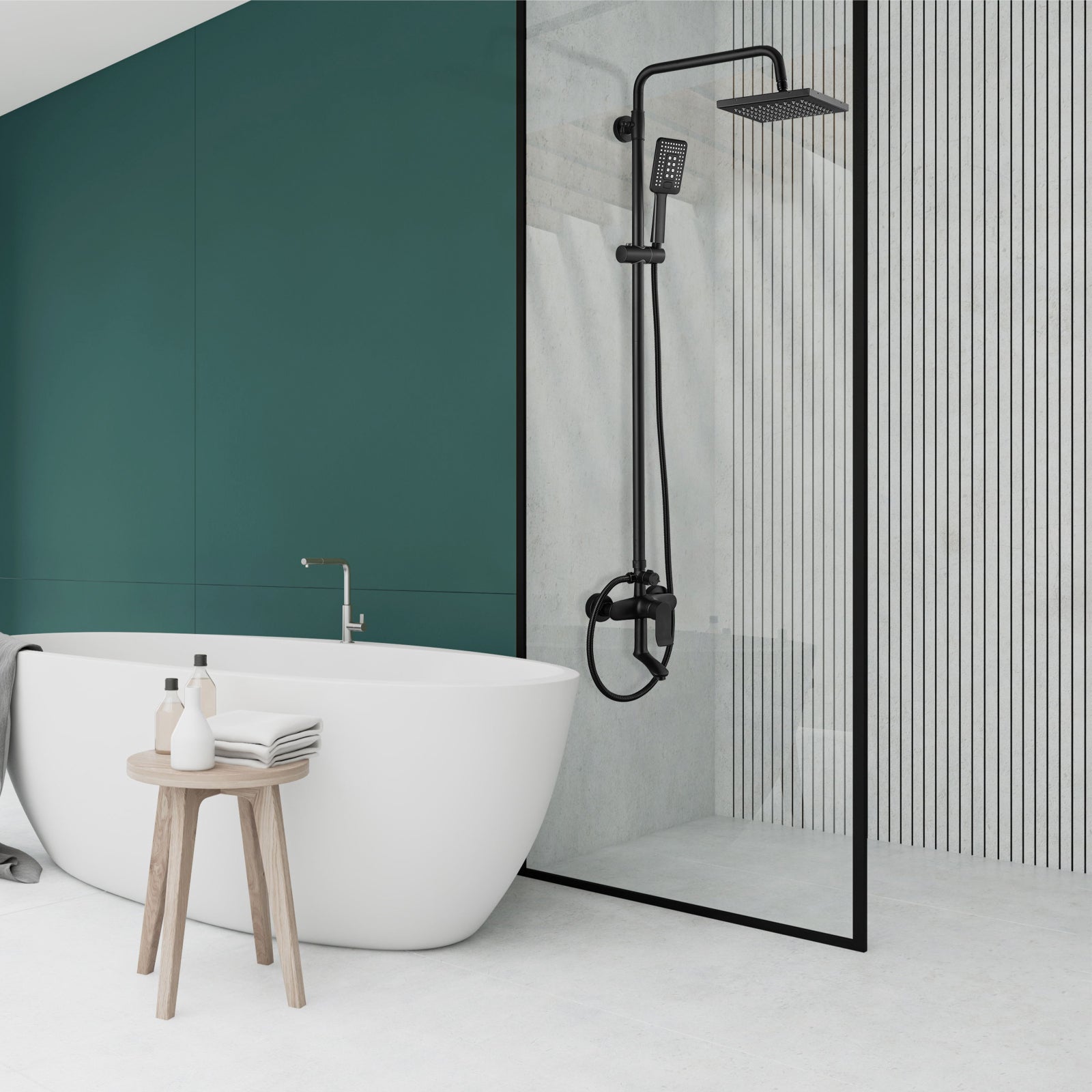Heyalan Exposed Shower System Matte Black 3 Functional Adjustable Complete Set Tub 8 Inch Square Rainfall Shower Head with Square Hand-held