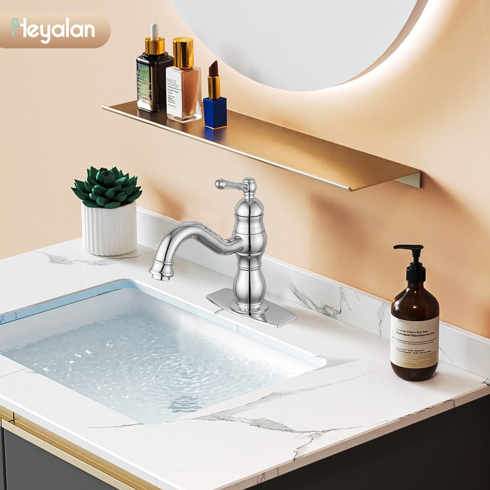 Bathroom Sink Faucet 1 Hole Single Handle Vanity Mixer Tap Deck Mount Lavatory Pop Up Drain with Overflow Included Commercial