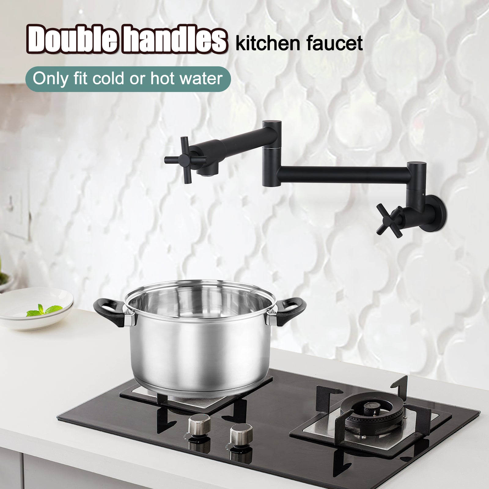 Heyalan Pot Filler Kitchen Faucet Stainless Steel SUS304 Two Cross Handle 19 Inch Single Hole Spout Wall Mounted Stretchable Swing Arm Commercial Kitchen Sink Faucet to Control Water