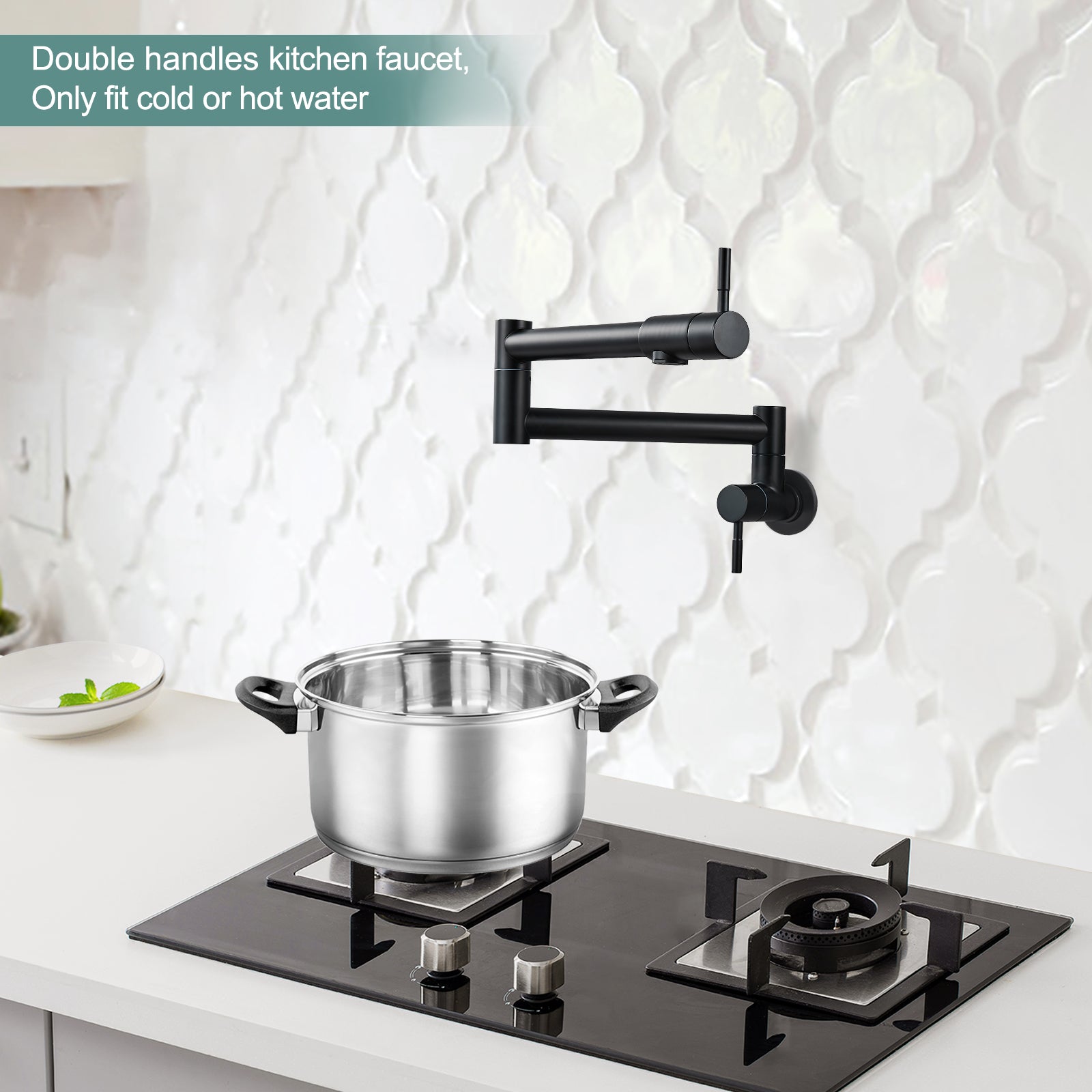 Heyalan Pot Filler Faucet Wall Mounted Folding Stretchable Kitchen Faucet 1 Hole with Double Joint Swing Arms 2 Handles NPT Stainless Steel Separated Thread