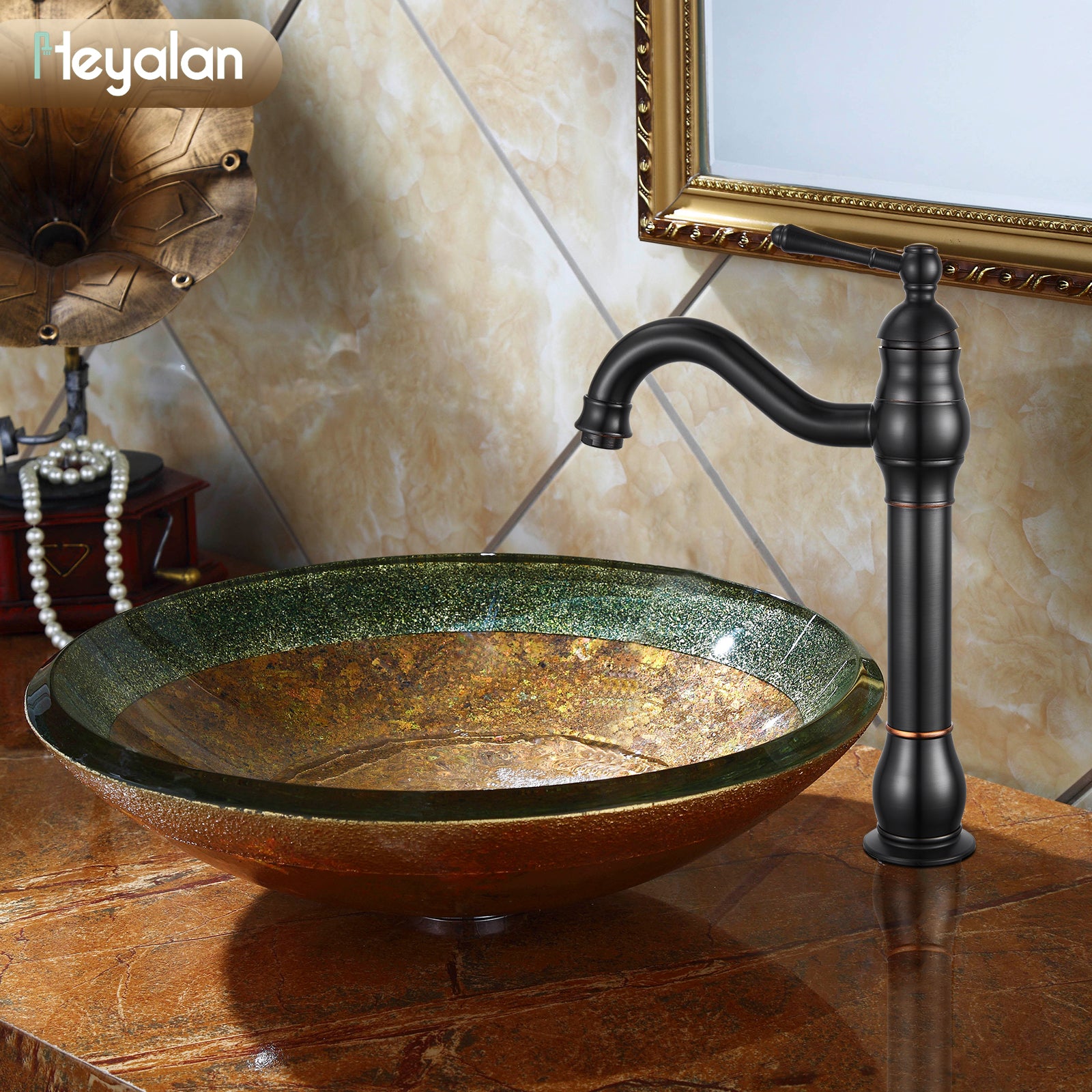 Heyalan Bathroom Vessel Sink Faucet Washingroom Single Handle One Hole High Spout Pop Up Drain Bowl Sink Brass Material 360 Degree Adjustable Lavatory Vanity Mixer Bar Tap Without Overflow
