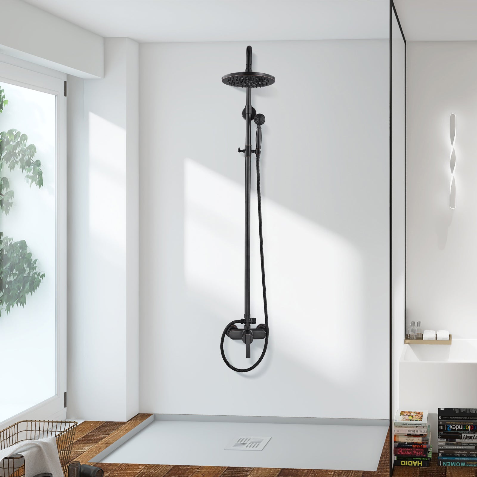 Exposed Pipe Shower System 8 Inch Rainfall Shower Head Brass Fixture Combo Set Single Handle with Handheld Sprayer Bathroom Shower Faucet Adjustable Showerhead Bar Dual Functions
