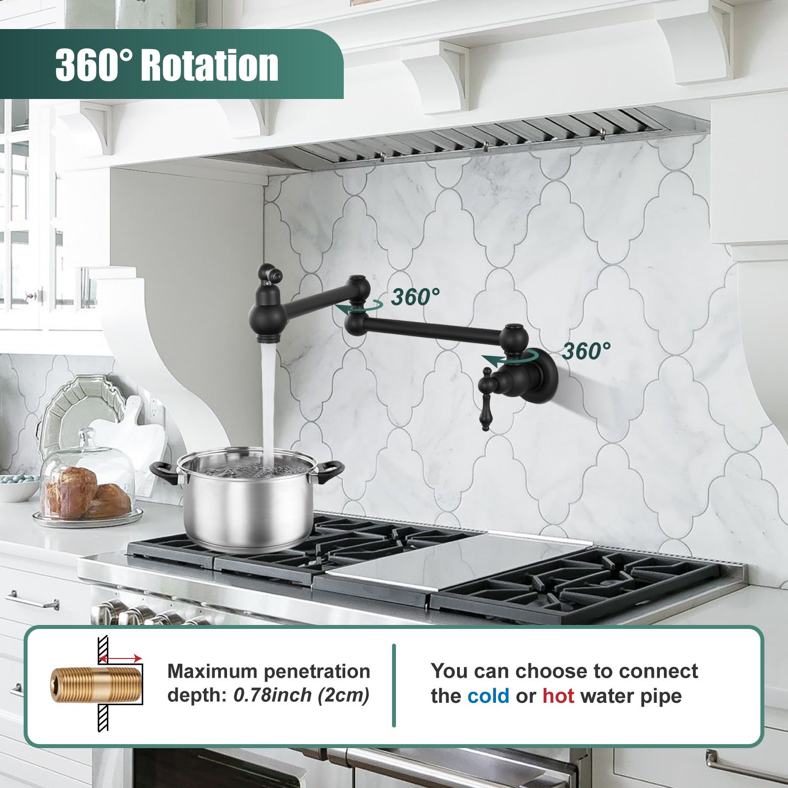Kitchen Pot Filler Faucet Wall Mount Two Handles Single Hole Heyalan Strechable Arm Stainless Steel Double Connectors Folding Modern 360 Degrees Rotation