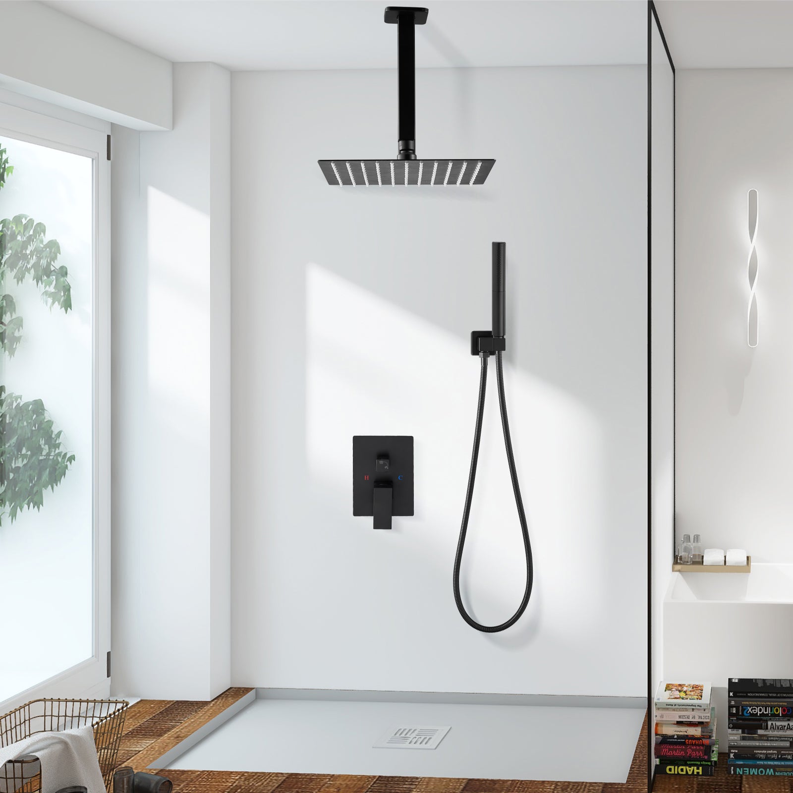 Heyalan Shower Faucet Set Ceiling Mount Square Showerhead Bathroom Rainfall Shower System SUS304 Stainless Steel Shower Trim Kit 2 in 1 Handheld shower with Rough-in Valve