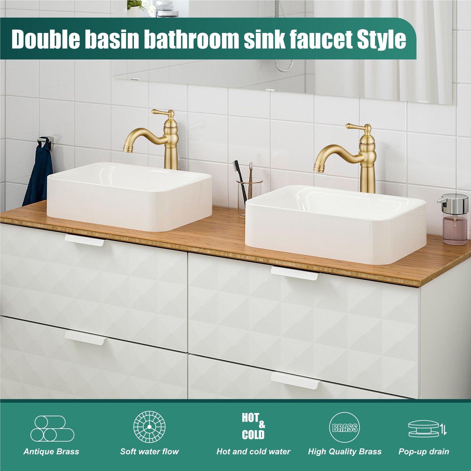 Heyalan Bathroom Vessel Sink Faucet Deck Mount Single Hole One Handle Vintage Lavatory Basin Spout Vanity Tall Mixer Tap Solid Brass Antique Assembly with Pop-up Drain