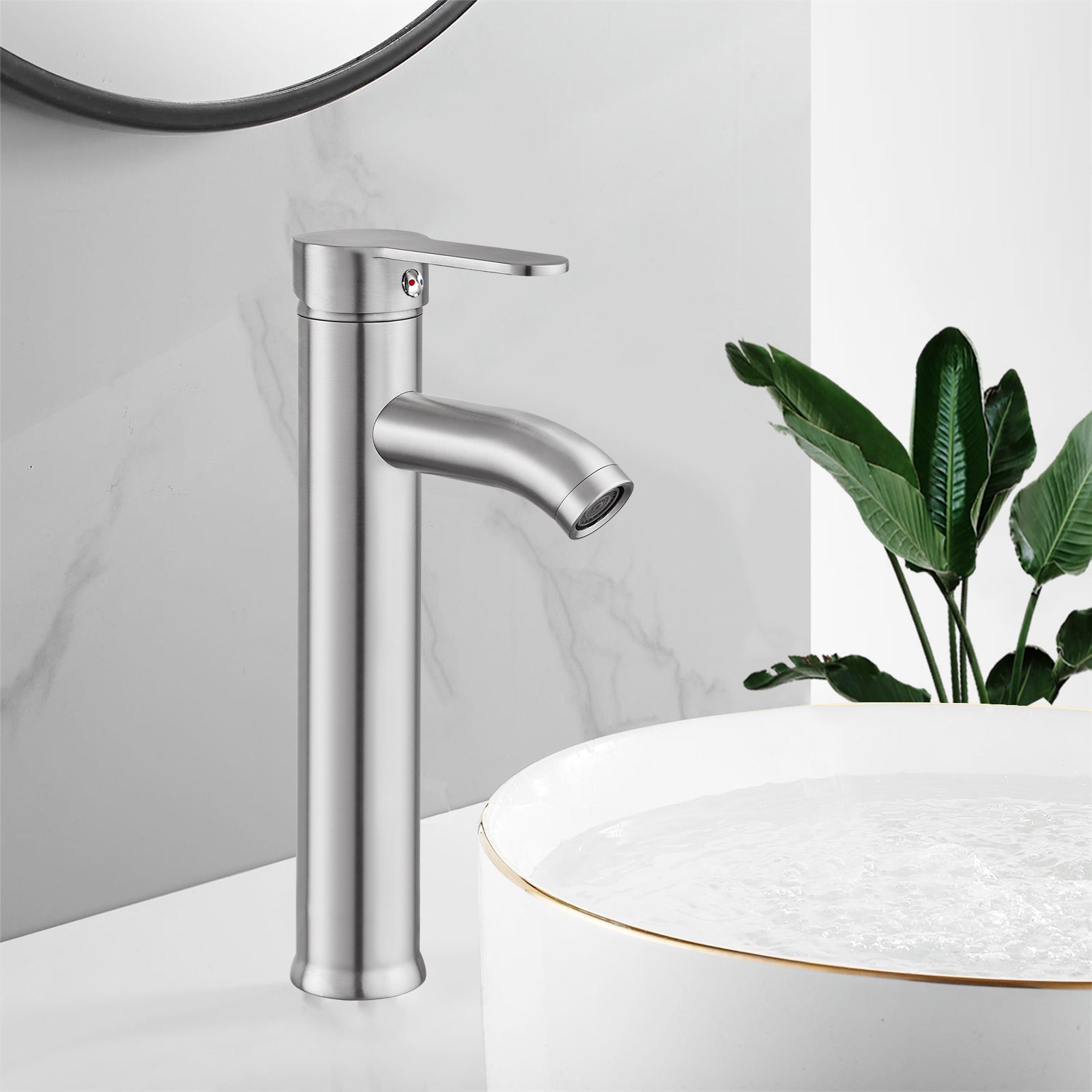 Heyalan Brushed Nickel Bathroom Faucet Vessel Sink Deck Mount Stainless Steel SUS304 Bowl Basin One Hole Singl Handle Tall Spout Mixer Tap Plastic Pop Up Drain Without Overflow