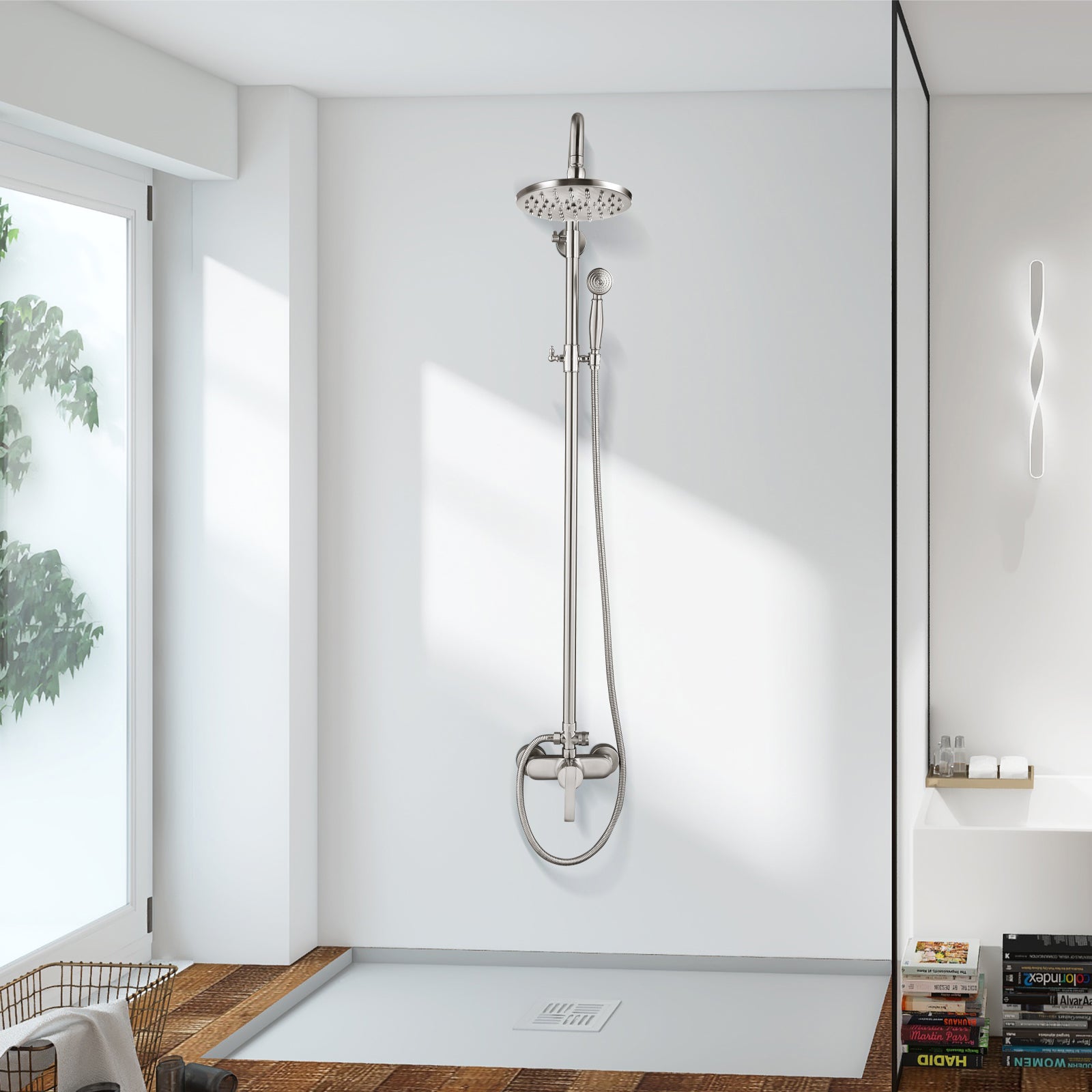 Exposed Pipe Shower System 8 Inch Rainfall Shower Head Brass Fixture Combo Set Single Handle with Handheld Sprayer Bathroom Shower Faucet Adjustable Showerhead Bar Dual Functions