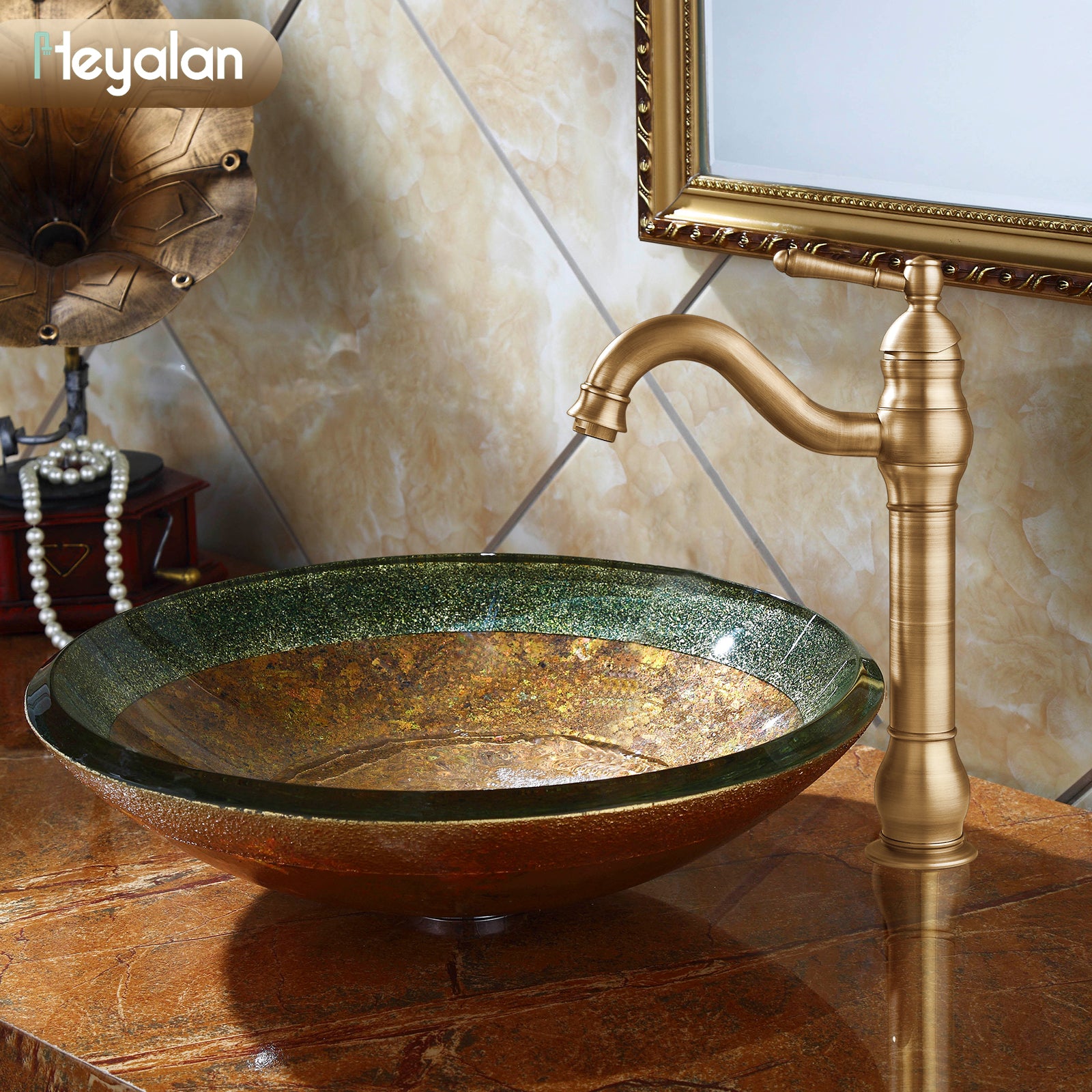Heyalan Bathroom Vessel Sink Faucet Washingroom Single Handle One Hole High Spout Pop Up Drain Bowl Sink Brass Material 360 Degree Adjustable Lavatory Vanity Mixer Bar Tap Without Overflow