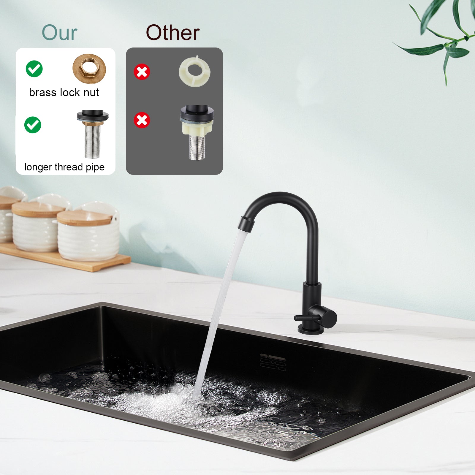 Cold Water Only Kitchen Faucet Single Handle 1 Hole Deck Mount 360 Degree Swivel Spout High Arc SUS304 Stainless Steel Sink Bar Tap Goose Neck with Hose(Drain Not Included)