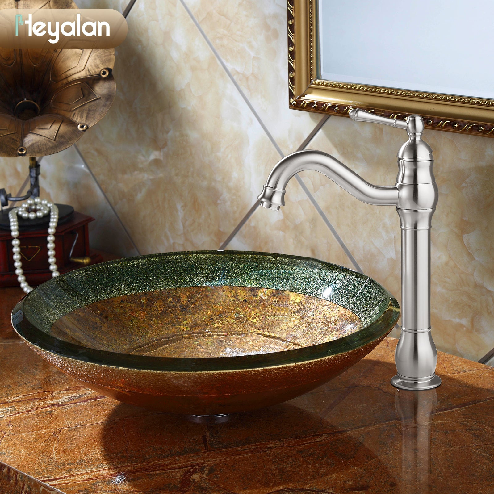 Heyalan Bathroom Vessel Sink Faucet Washingroom Single Handle One Hole High Spout Pop Up Drain Bowl Sink Brass Material 360 Degree Adjustable Lavatory Vanity Mixer Bar Tap Without Overflow