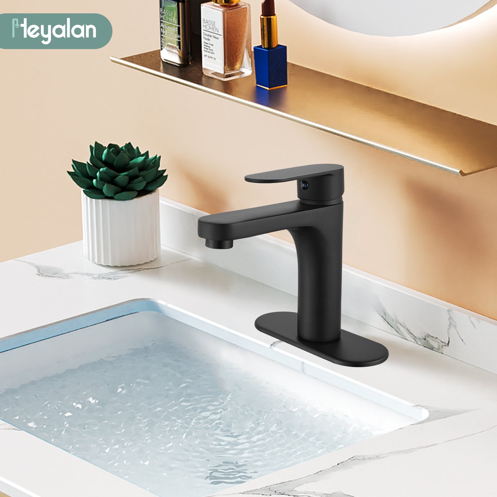 Heyalan Bathroom Faucet Single Handle Brass 1 Hole Basin Mixer Tap Deck Mount Lavatory Vanity Deck Plate Pop Up Drain Included