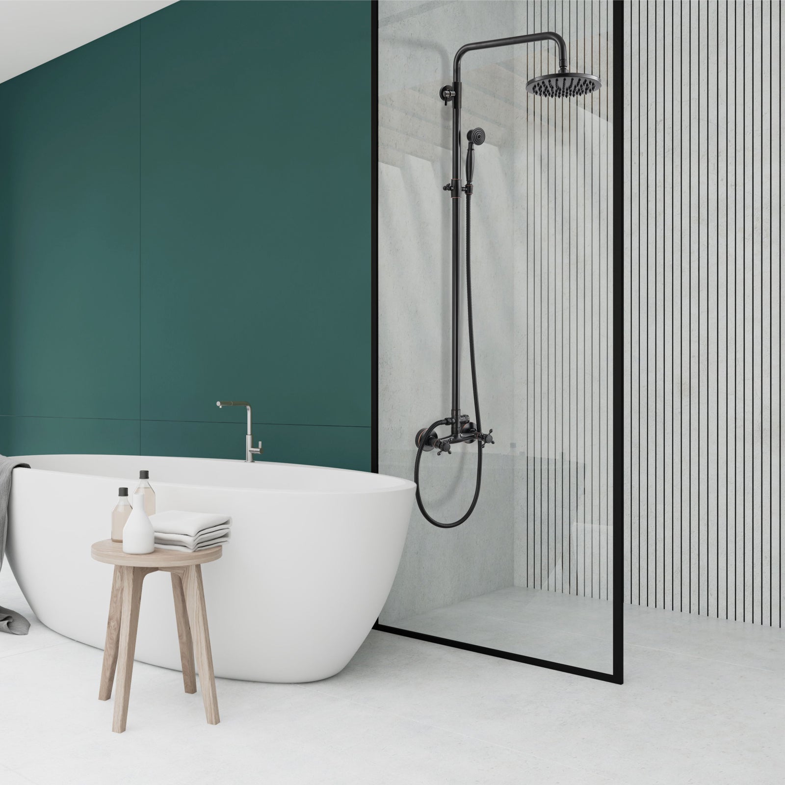 Heyalan Dual Functions Exposed Pipe Shower System Round Rainfall 8 Inch Shower Head Brass Fixture Combo Set 2 Handles with Handheld Sprayer Bathroom Shower Faucet Adjustable Shower Bar