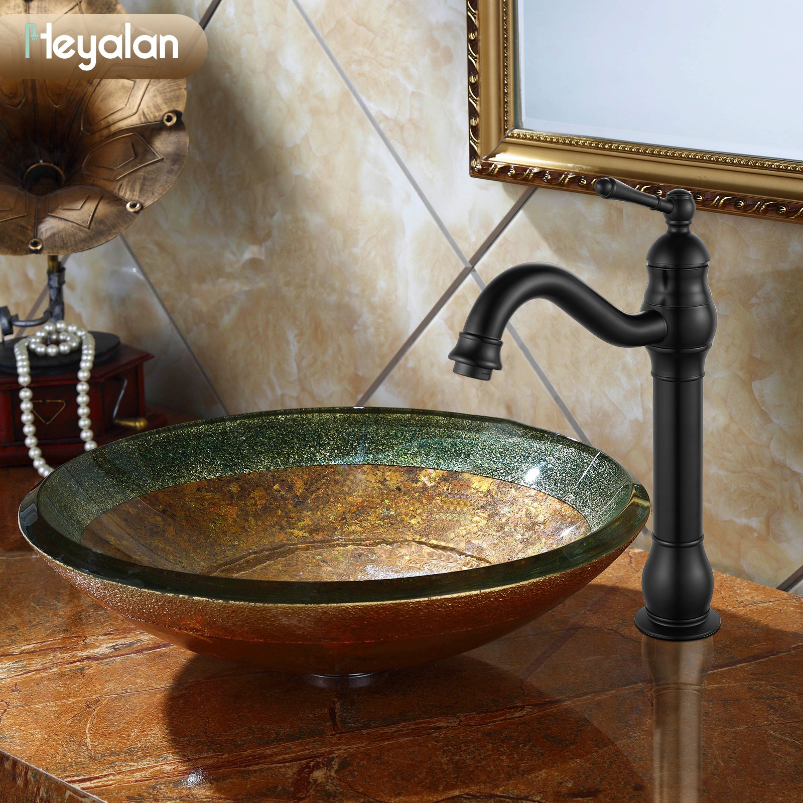 Heyalan Bathroom Vessel Sink Faucet Washingroom Single Handle One Hole High Spout Pop Up Drain Bowl Sink Brass Material 360 Degree Adjustable Lavatory Vanity Mixer Bar Tap Without Overflow