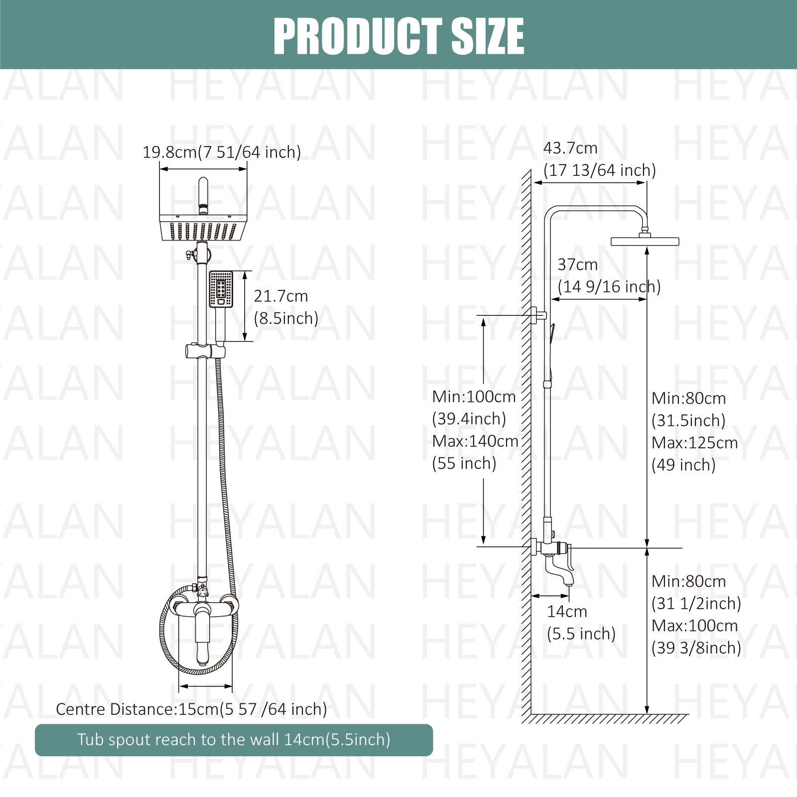 Heyalan Exposed Shower System Matte Black 3 Functional Adjustable Complete Set Tub 8 Inch Square Rainfall Shower Head with Square Hand-held