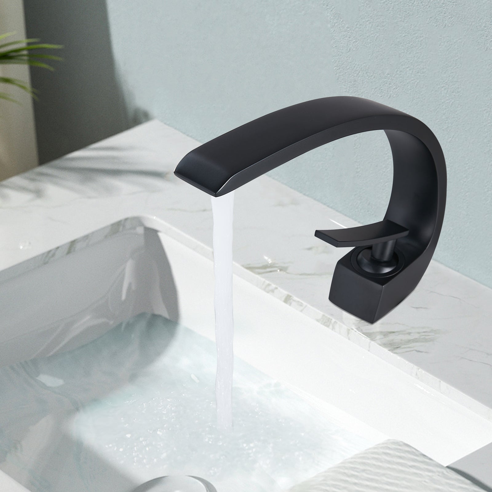 Heyalan Bathroom Sink Faucet Deck Mount Single Handle Single Hole Curved Spout Lavatory Basin Mixer Tap Solid Brass with Supply Hose Commercial