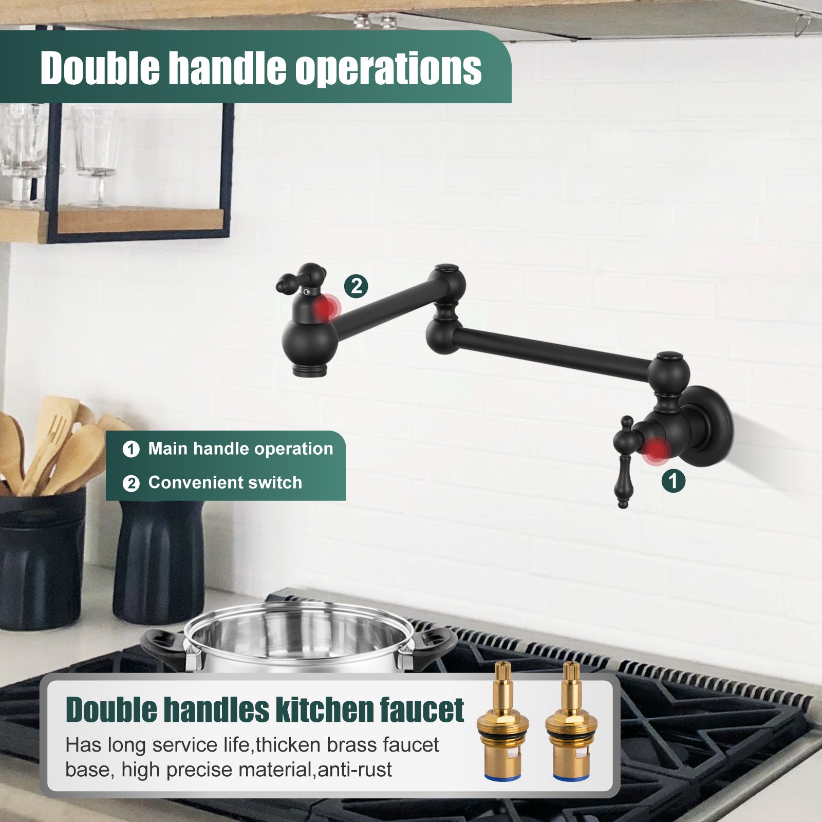 Kitchen Pot Filler Faucet Wall Mount Two Handles Single Hole Heyalan Strechable Arm Stainless Steel Double Connectors Folding Modern 360 Degrees Rotation