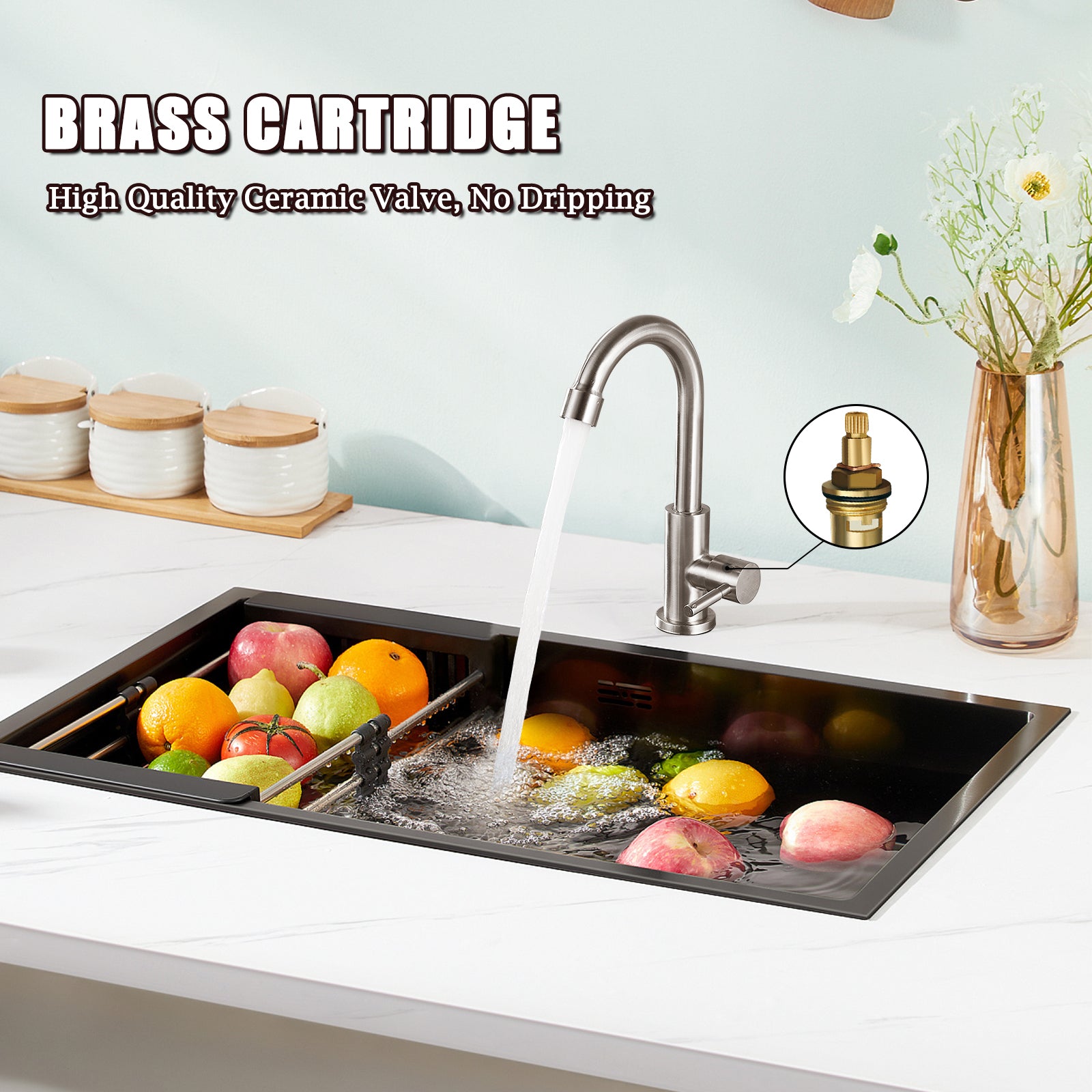 Cold Water Only Kitchen Faucet Single Handle 1 Hole Deck Mount 360 Degree Swivel Spout High Arc SUS304 Stainless Steel Sink Bar Tap Goose Neck with Hose(Drain Not Included)