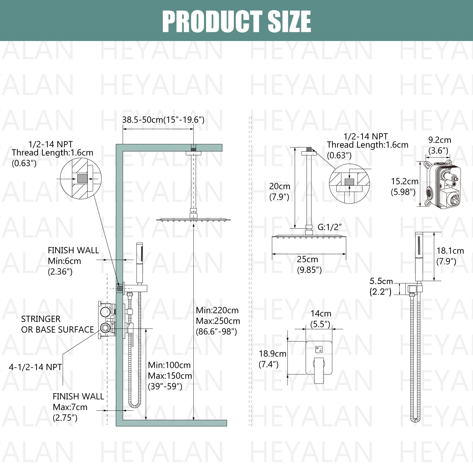 Heyalan Shower Faucet Set Ceiling Mount Square Showerhead Bathroom Rainfall Shower System SUS304 Stainless Steel Shower Trim Kit 2 in 1 Handheld shower with Rough-in Valve