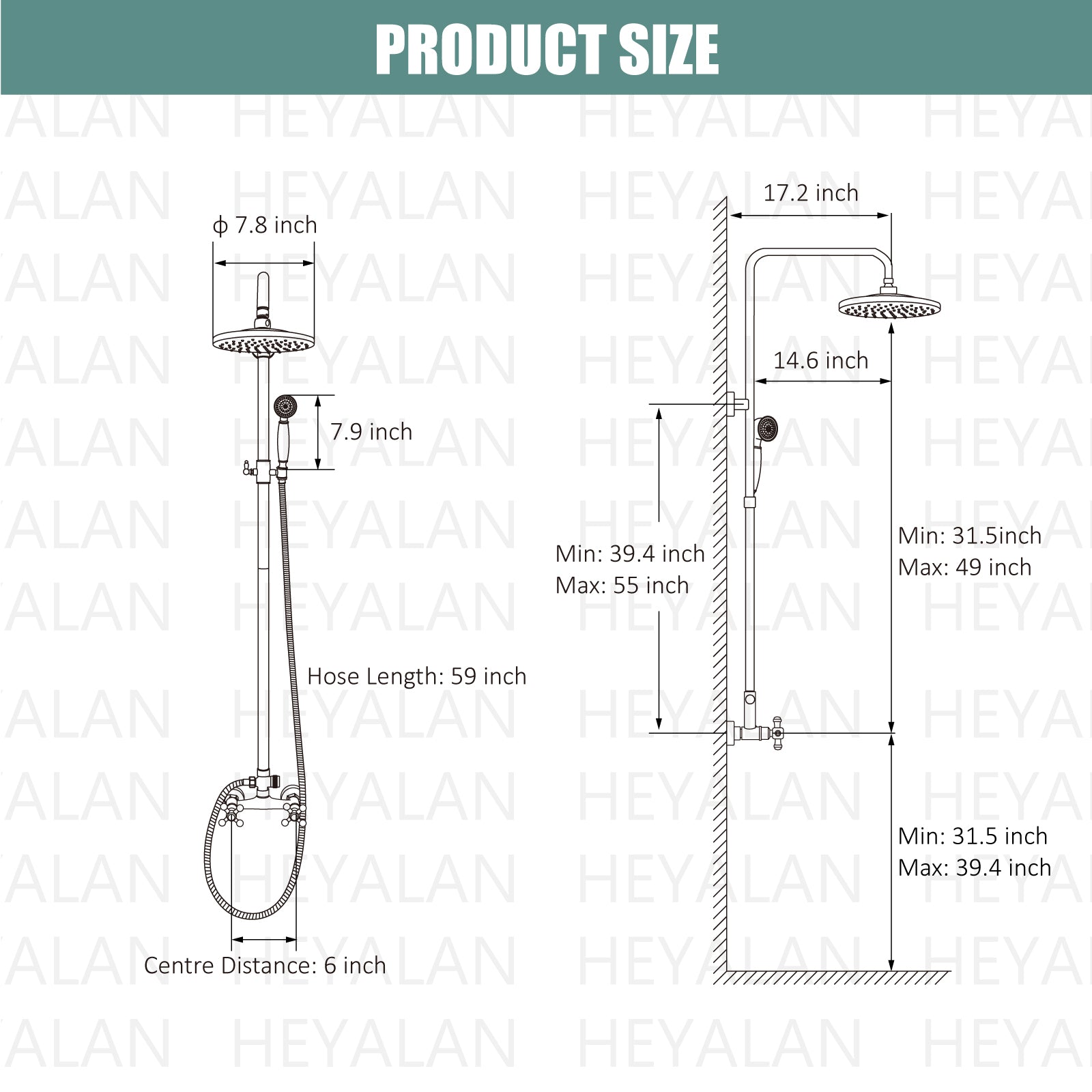 Heyalan Dual Functions Exposed Pipe Shower System Round Rainfall 8 Inch Shower Head Brass Fixture Combo Set 2 Handles with Handheld Sprayer Bathroom Shower Faucet Adjustable Shower Bar