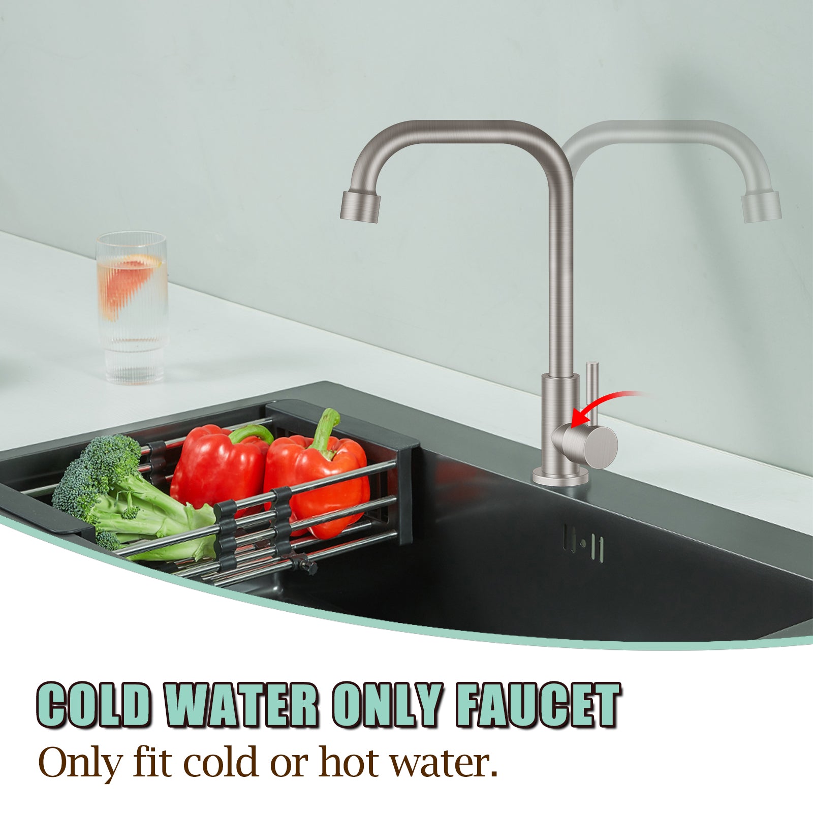 Cold Only Water Kitchen Faucet Heyalan Single Lever Handle 304 Stainless Steel Commercial Bar Tap Decked Mounted 360 Degree Swivel Spout Longer Thread Pipe