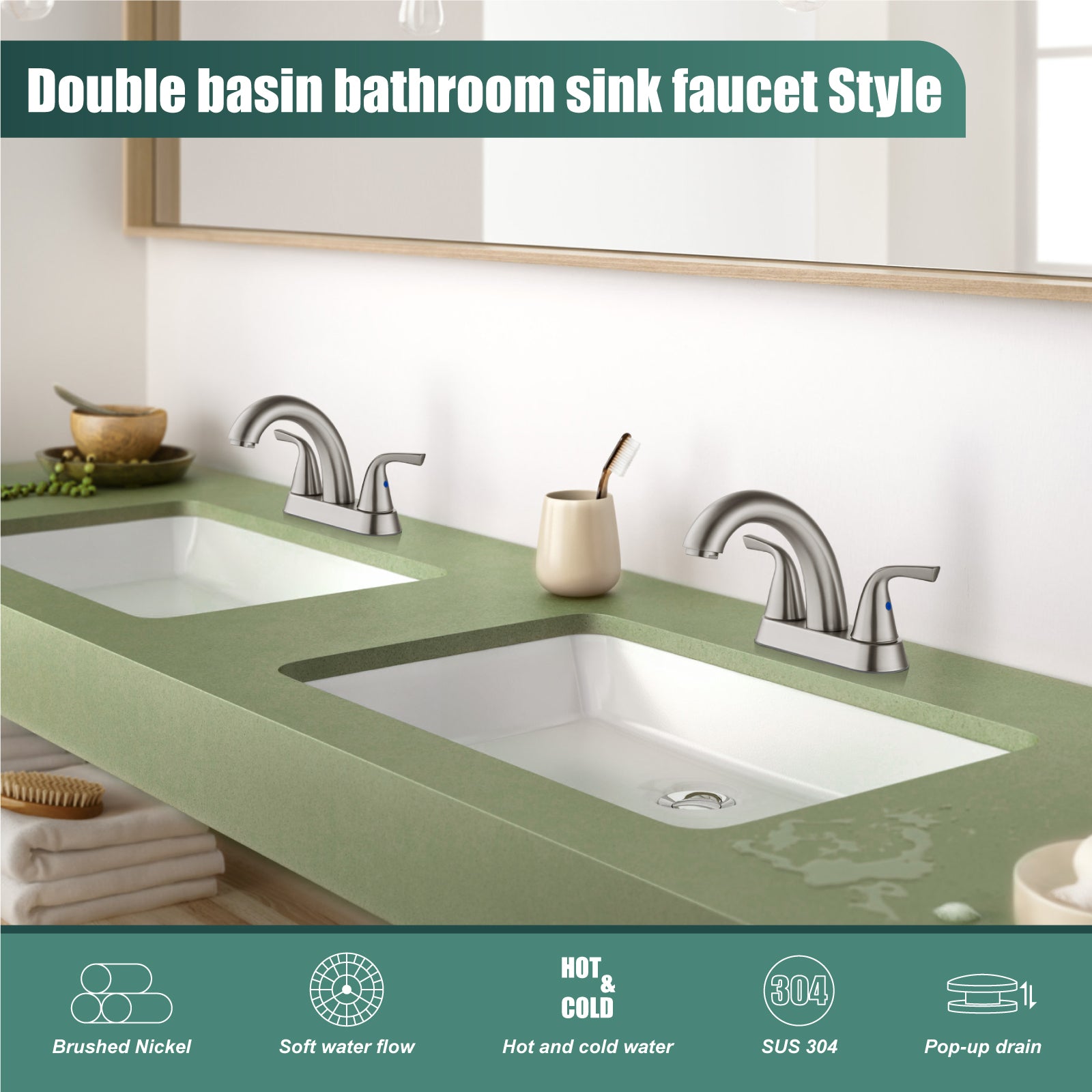 Heyalan Swivel Spout 2 Handle Lever Lavatory Bathroom Vessel Sink Faucet 4-Inch Centerset Deck Mount Mixer Tap with Pop-up Drain and Faucet Supply Lines