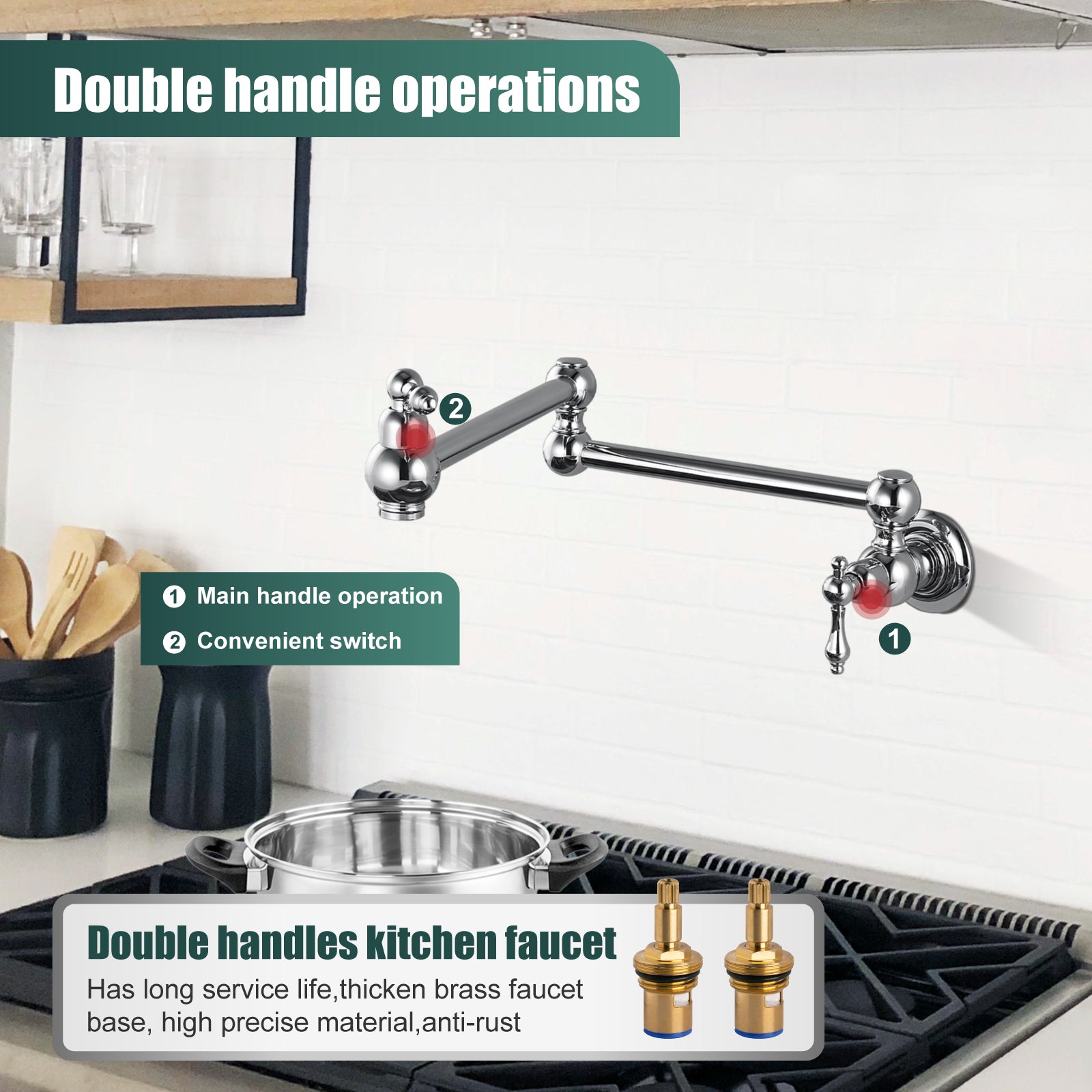 Kitchen Pot Filler Faucet Wall Mount Two Handles Single Hole Heyalan Strechable Arm Stainless Steel Double Connectors Folding Modern 360 Degrees Rotation