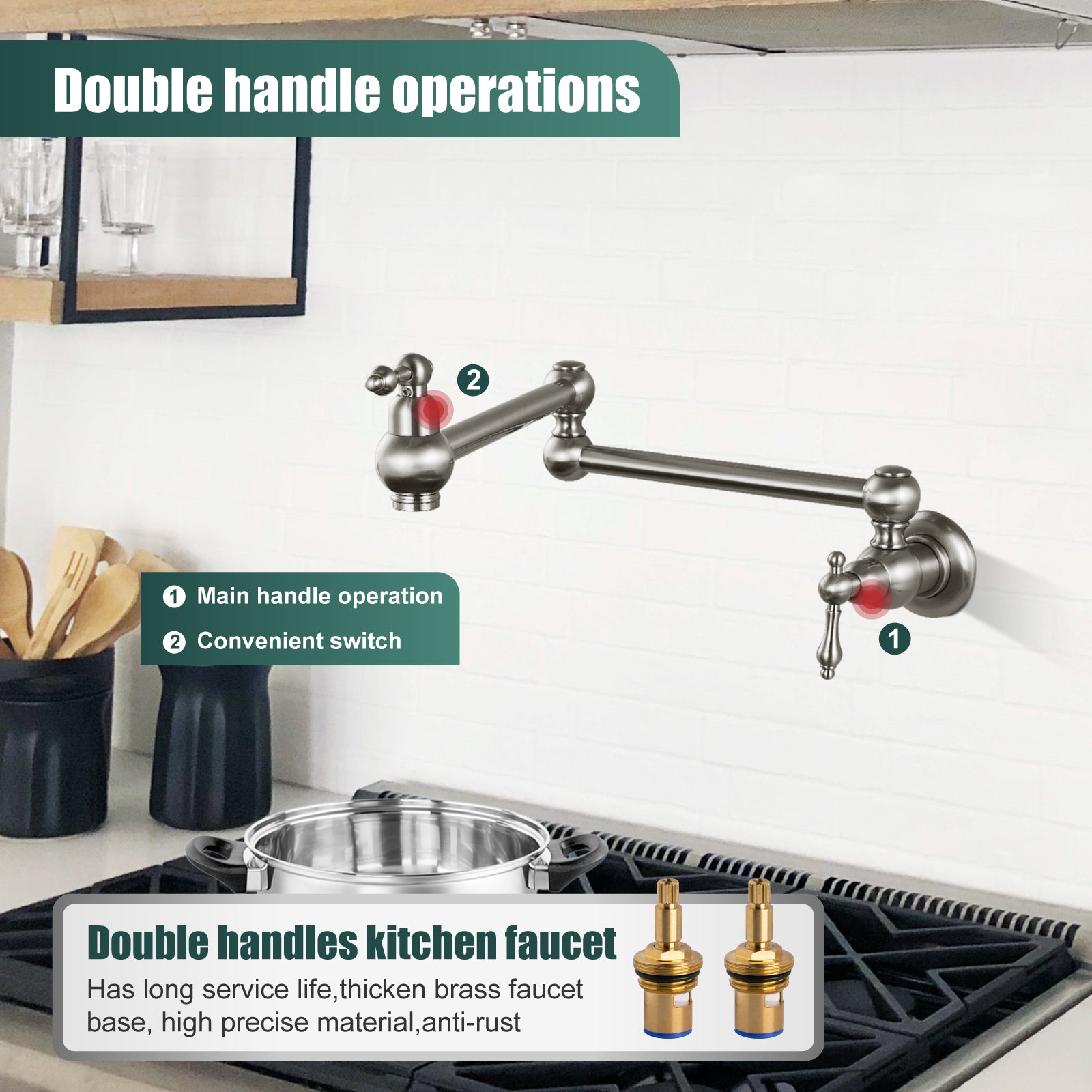 Kitchen Pot Filler Faucet Wall Mount Two Handles Single Hole Heyalan Strechable Arm Stainless Steel Double Connectors Folding Modern 360 Degrees Rotation