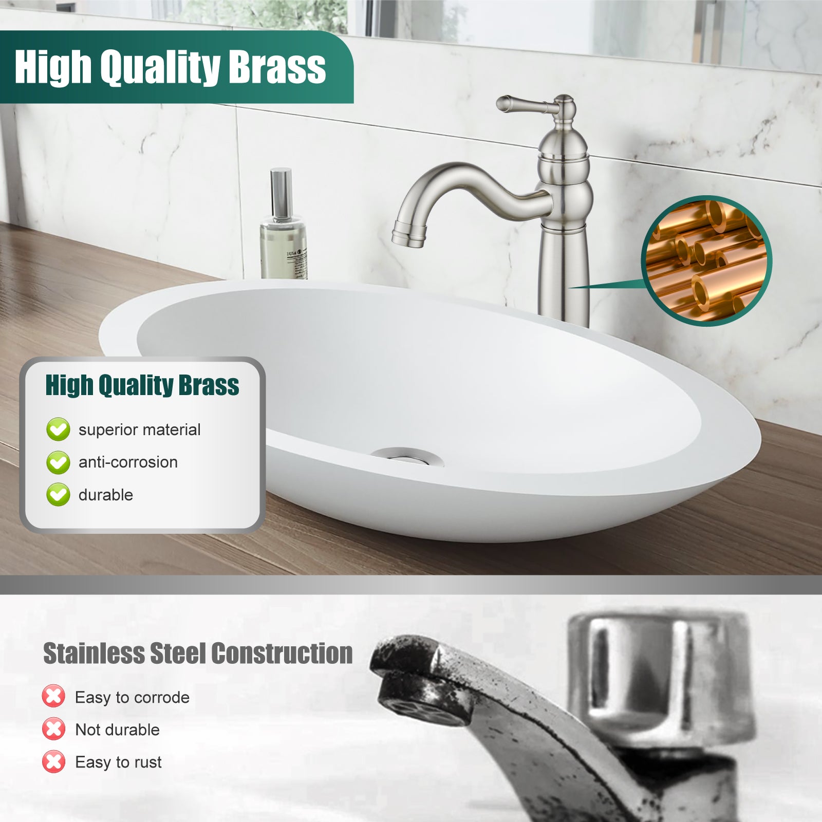 Heyalan Bathroom Vessel Sink Faucet Deck Mount Single Hole One Handle Vintage Lavatory Basin Spout Vanity Tall Mixer Tap Solid Brass Antique Assembly with Pop-up Drain