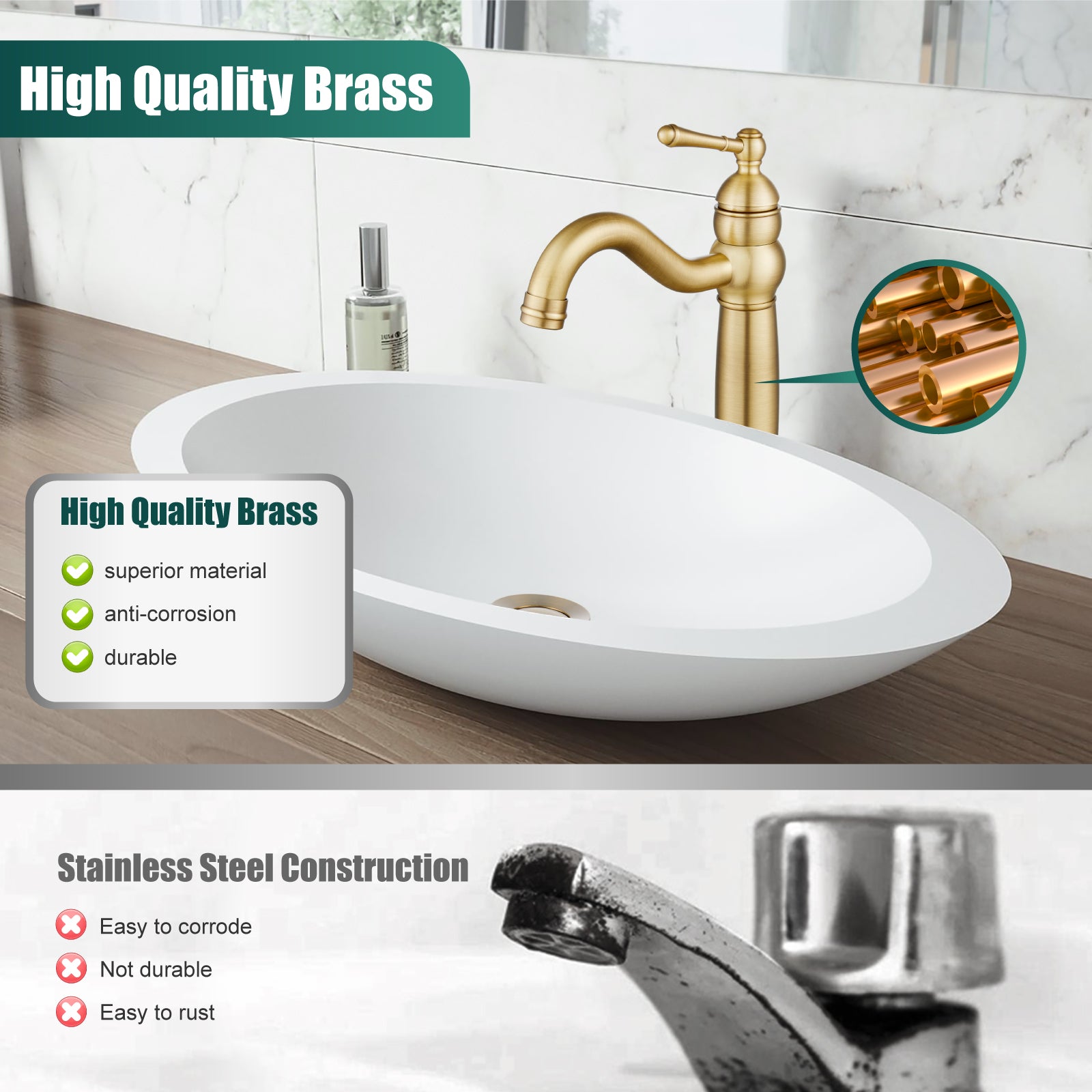 Heyalan Bathroom Vessel Sink Faucet Deck Mount Single Hole One Handle Vintage Lavatory Basin Spout Vanity Tall Mixer Tap Solid Brass Antique Assembly with Pop-up Drain
