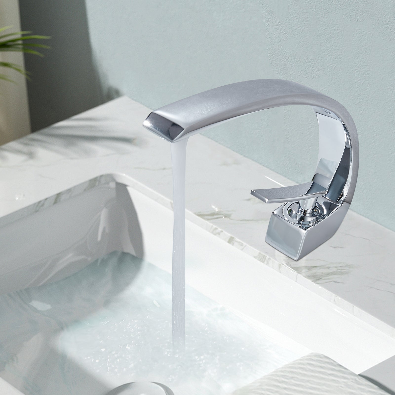 Heyalan Bathroom Sink Faucet Deck Mount Single Handle Single Hole Curved Spout Lavatory Basin Mixer Tap Solid Brass with Supply Hose Commercial