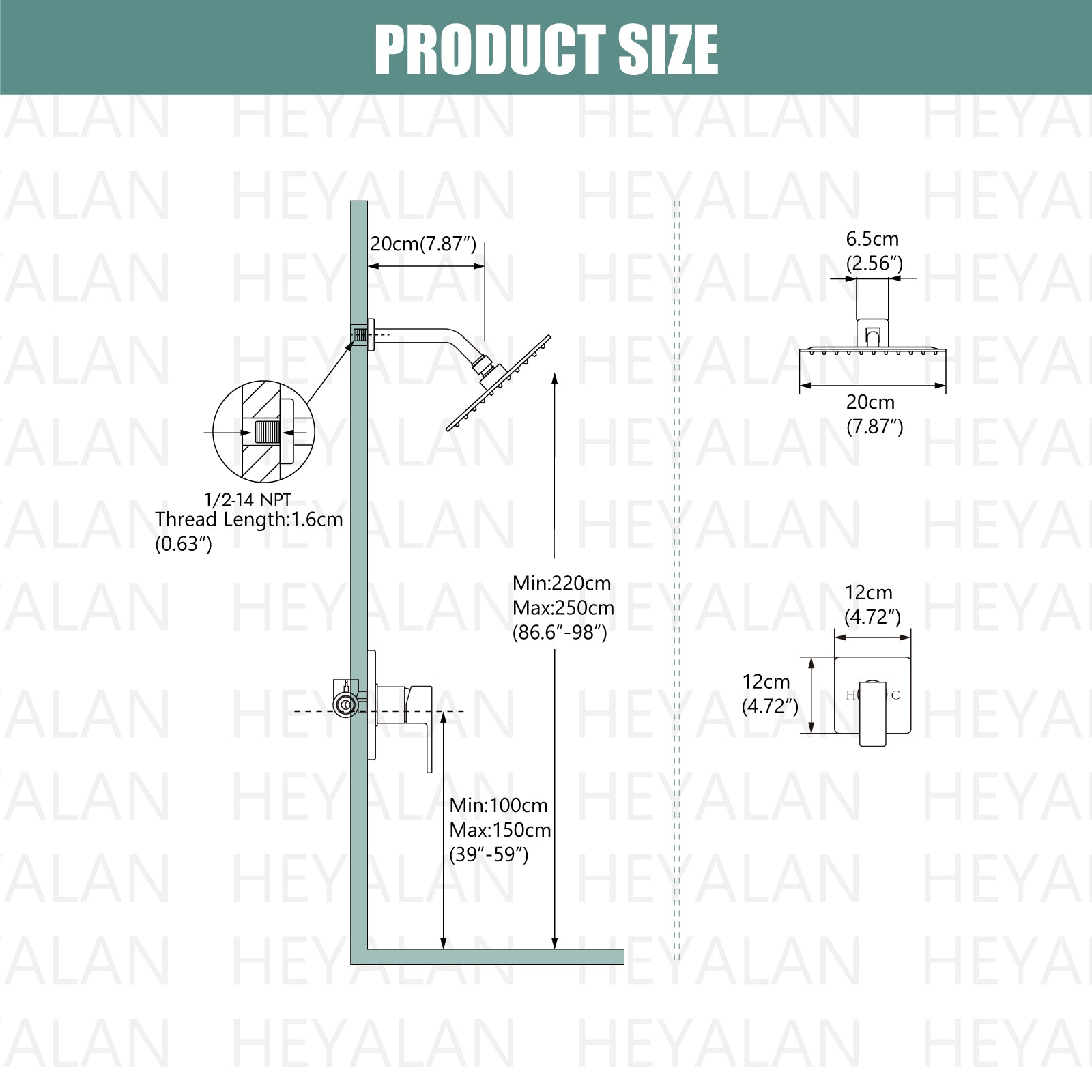 Shower Faucet Set Bathroom Rainfall Shower System Square SUS304 Stainless Steel Showerhead Single Function Shower Trim Kit 1 Handle with Rough-in Valve Male Thread 1/2" NPT