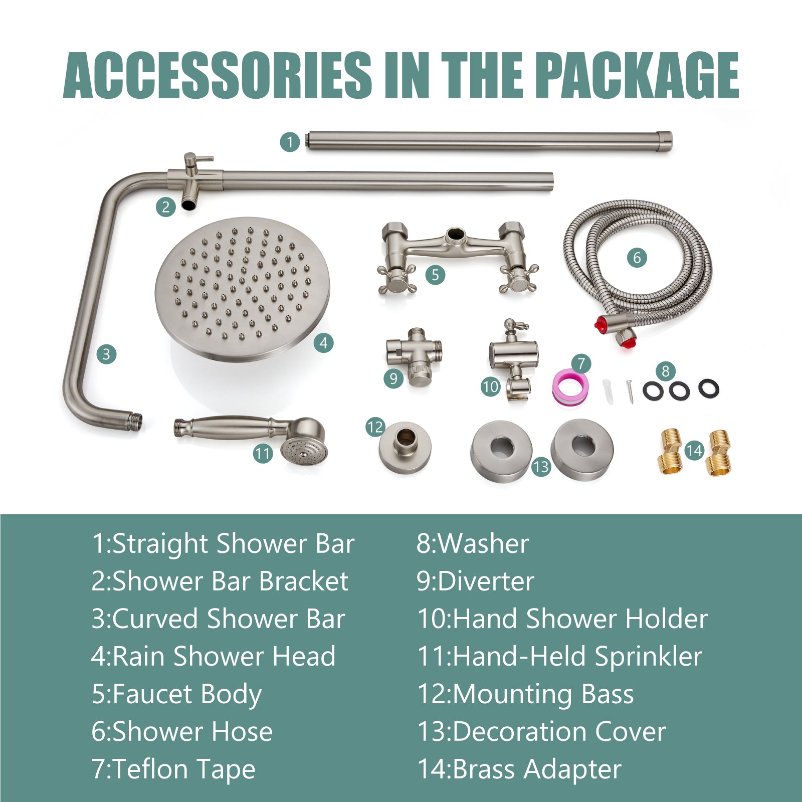 Heyalan Dual Functions Exposed Pipe Shower System Round Rainfall 8 Inch Shower Head Brass Fixture Combo Set 2 Handles with Handheld Sprayer Bathroom Shower Faucet Adjustable Shower Bar