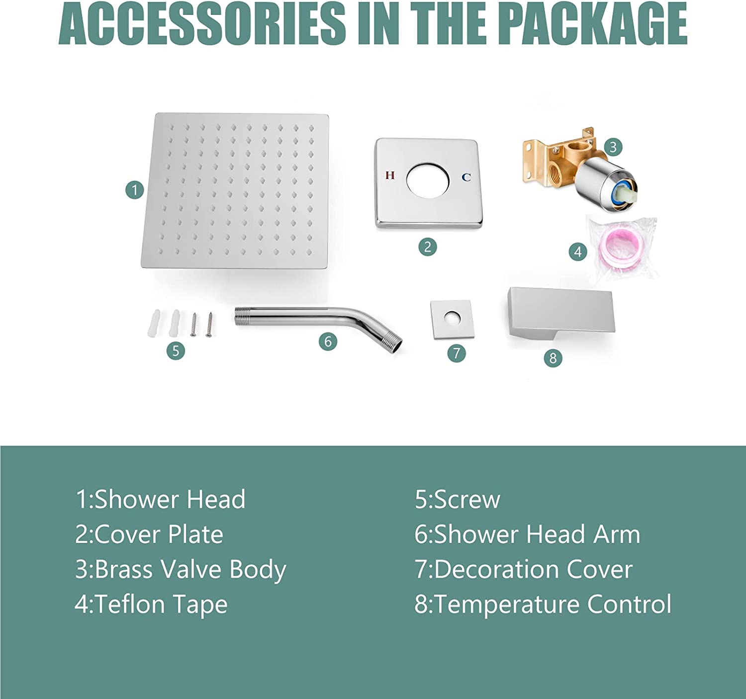 Heyalan Shower Faucet Set Bathroom Rainfall Shower System Square SUS304 Stainless Steel Showerhead Single Function Shower Trim Kit 1 Handle with Rough-in Valve