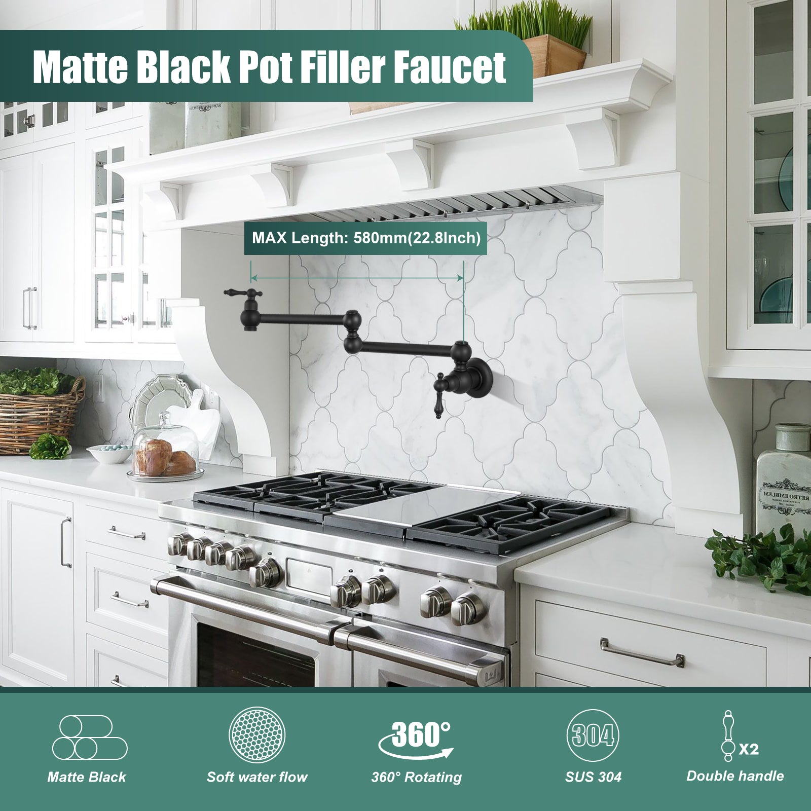 Kitchen Pot Filler Faucet Wall Mount Two Handles Single Hole Heyalan Strechable Arm Stainless Steel Double Connectors Folding Modern 360 Degrees Rotation