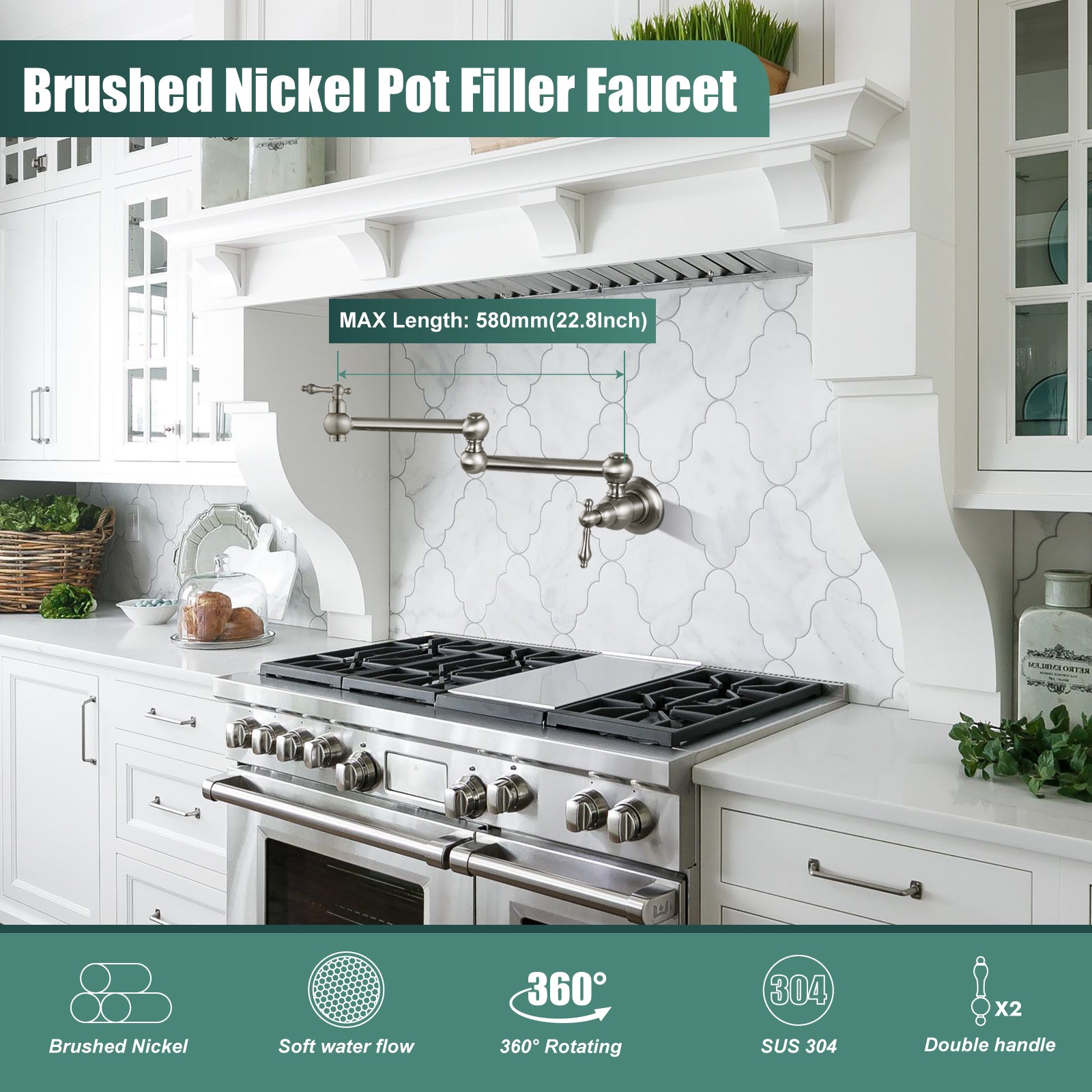 Kitchen Pot Filler Faucet Wall Mount Two Handles Single Hole Heyalan Strechable Arm Stainless Steel Double Connectors Folding Modern 360 Degrees Rotation