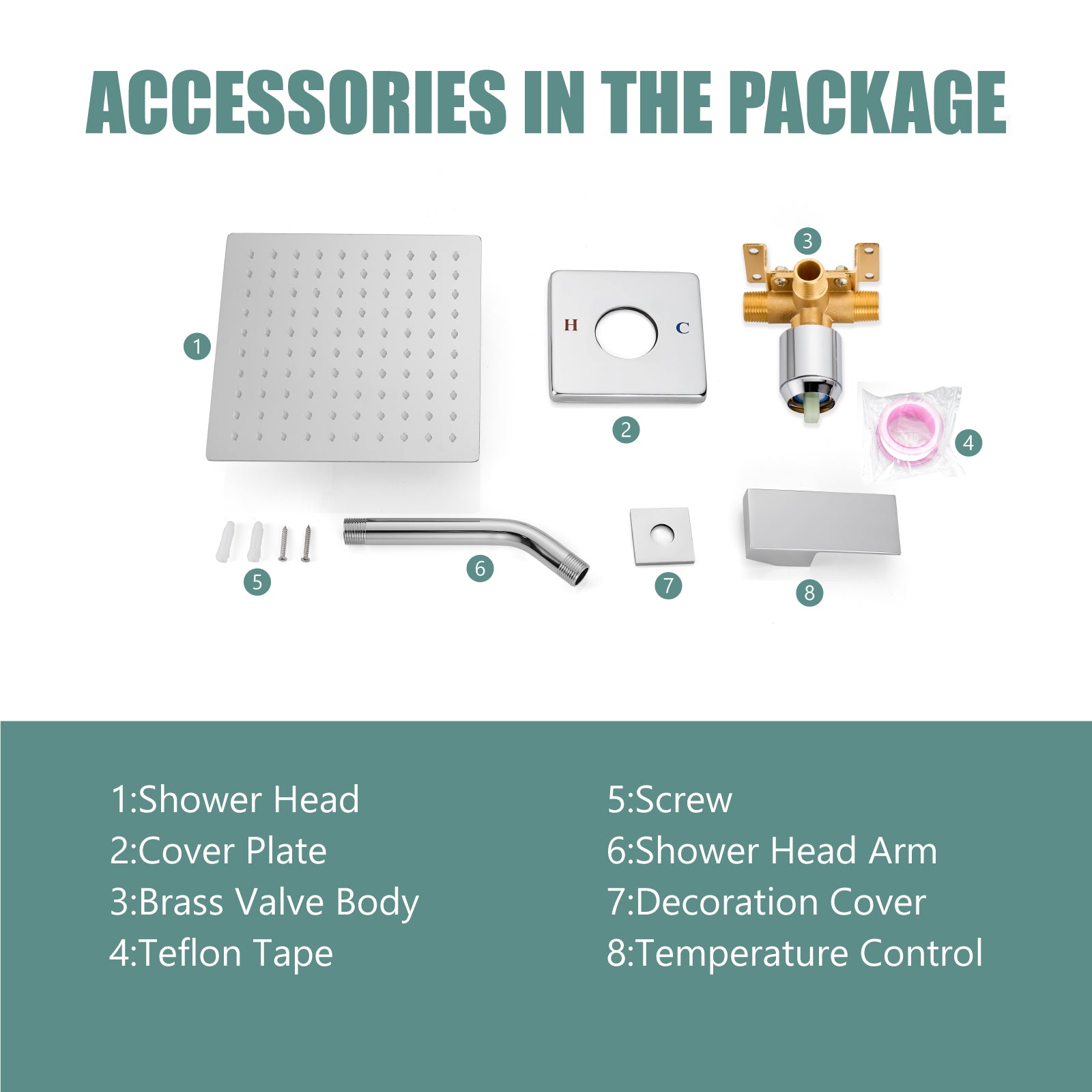 Shower Faucet Set Bathroom Rainfall Shower System Square SUS304 Stainless Steel Showerhead Single Function Shower Trim Kit 1 Handle with Rough-in Valve Male Thread 1/2" NPT