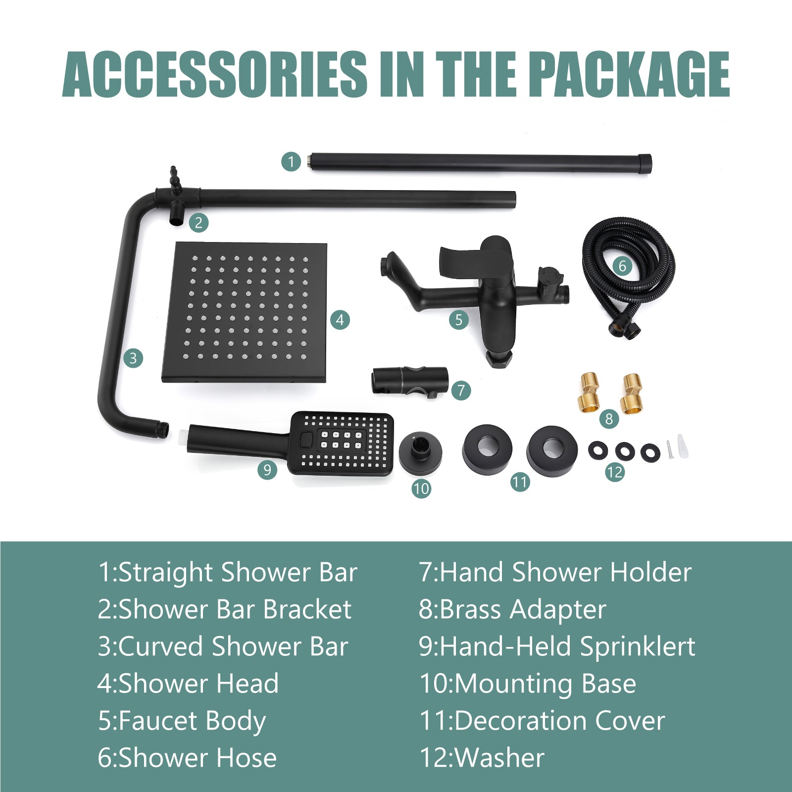 Heyalan Exposed Shower System Matte Black 3 Functional Adjustable Complete Set Tub 8 Inch Square Rainfall Shower Head with Square Hand-held